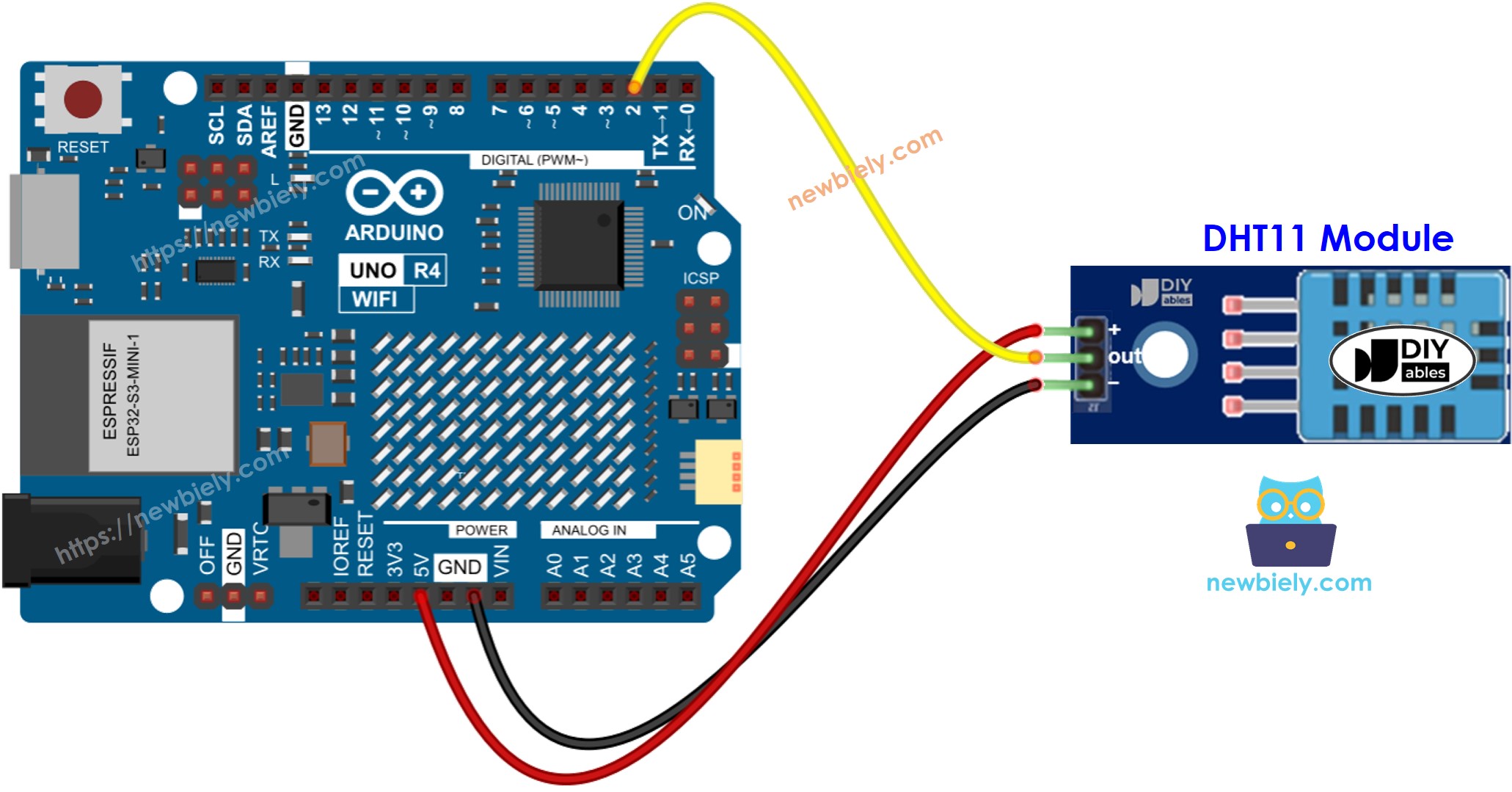 Diagrama de cableado del módulo DHT11 de temperatura y humedad para Arduino UNO R4