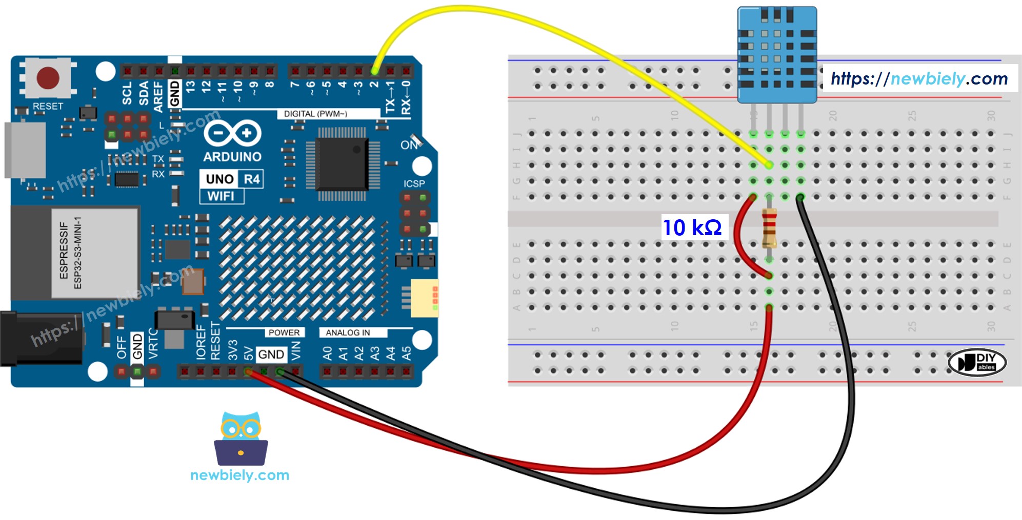 Diagrama de cableado del sensor de temperatura y humedad DHT11 para Arduino UNO R4