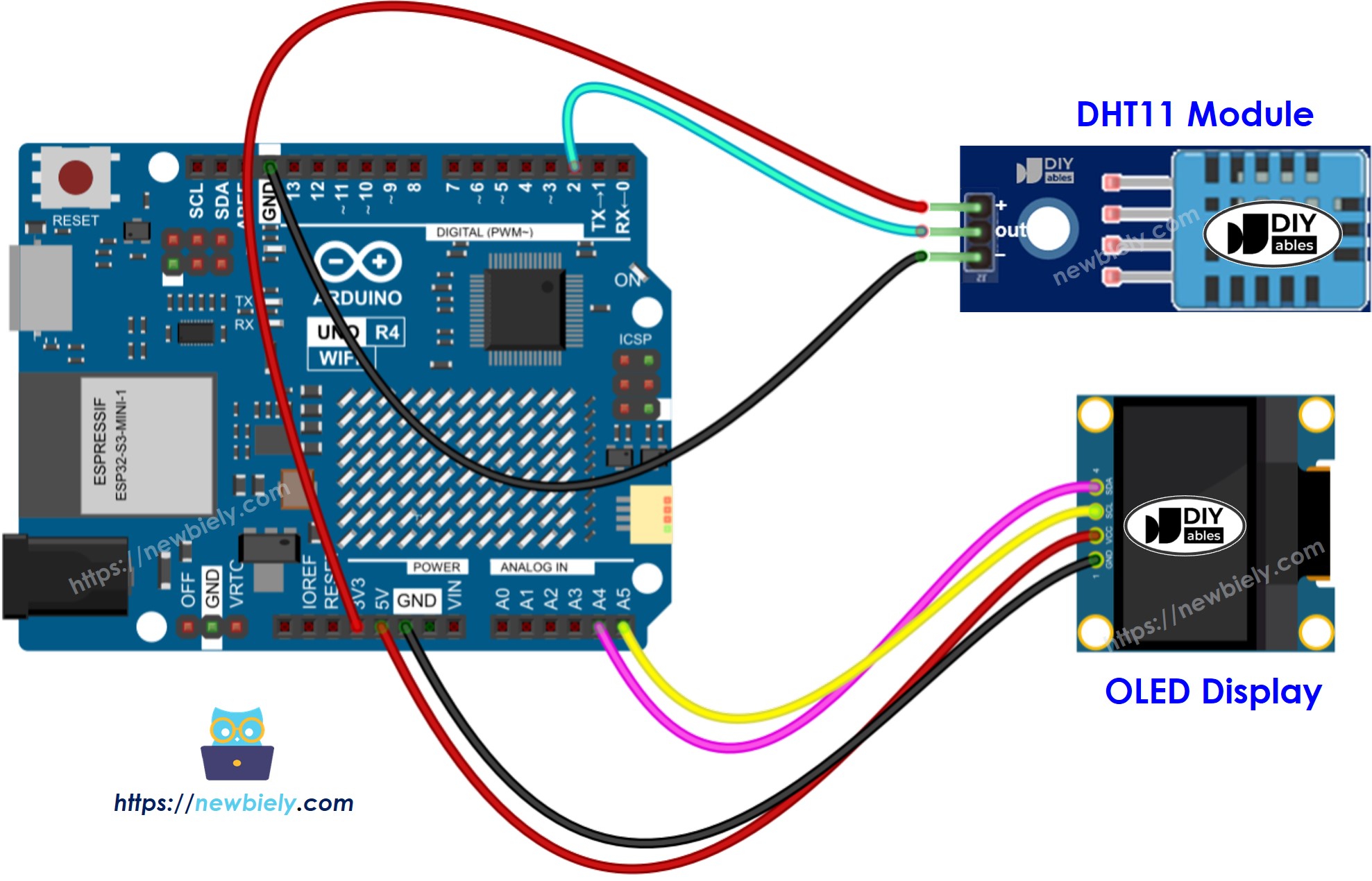 Diagrama de cableado OLED para Arduino UNO R4 DHT11 sensor de temperatura y humedad