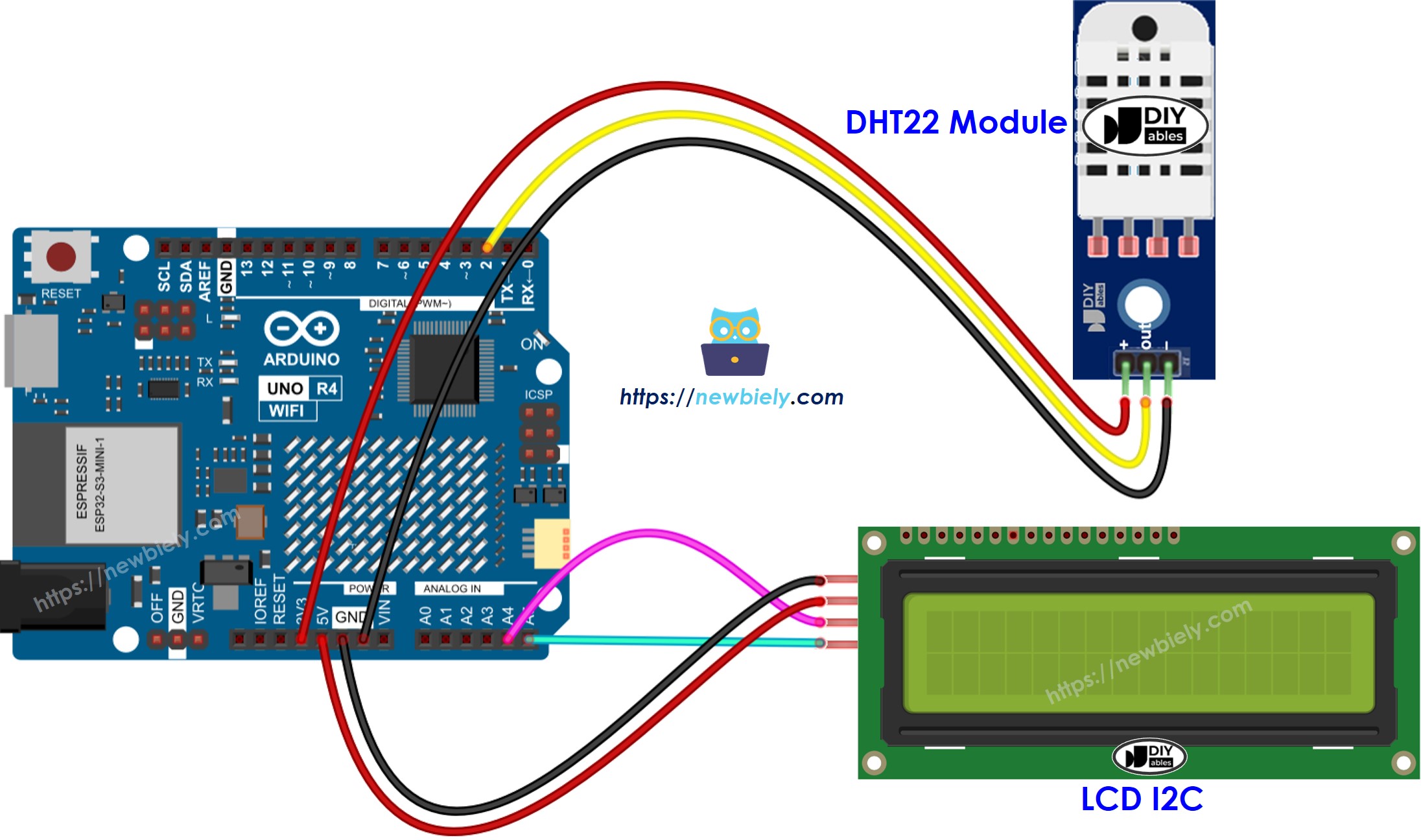 Diagrama de cableado de Arduino UNO R4 DHT22 LCD