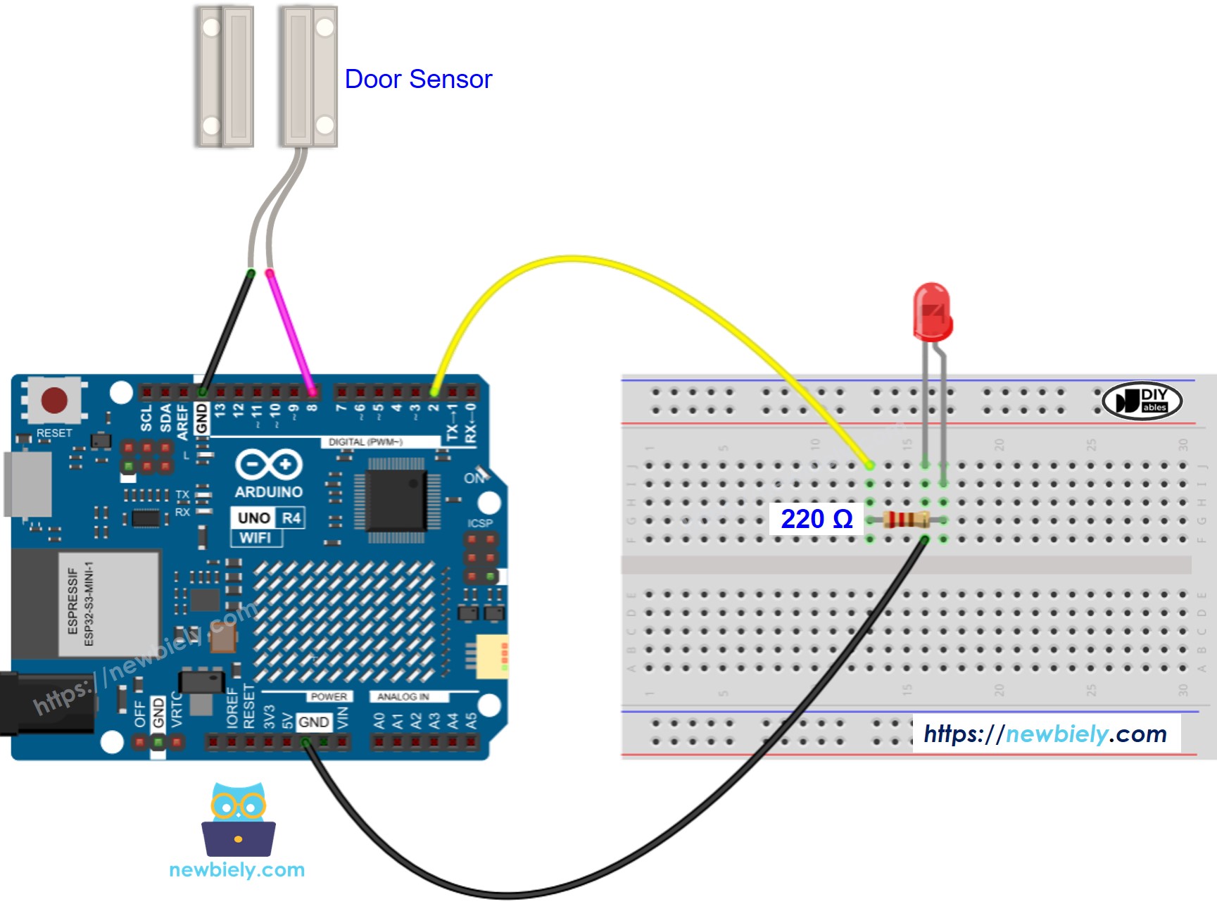 Diagrama de cableado del LED del sensor de puerta para Arduino UNO R4