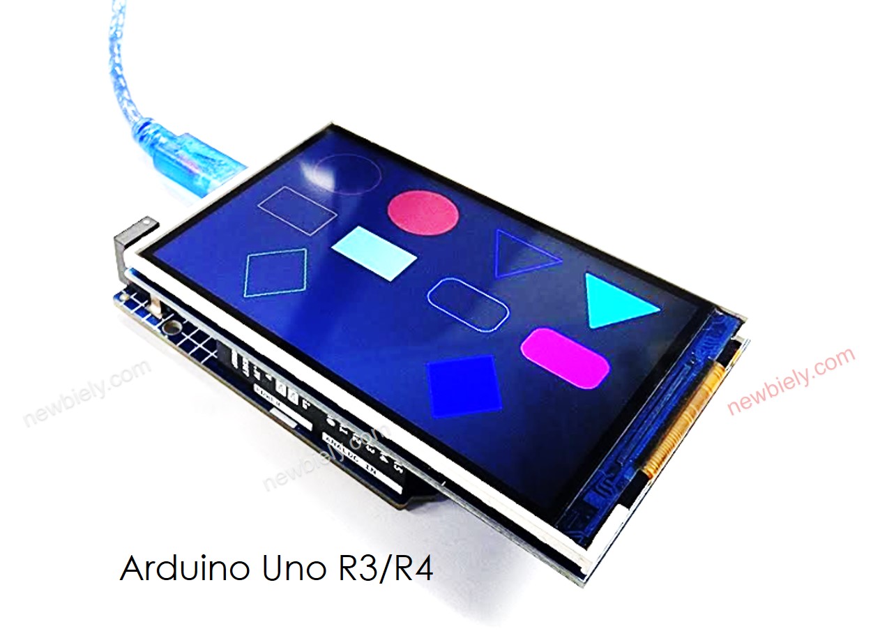 Arduino UNO R4 dibuja formas en la pantalla TFT LCD.