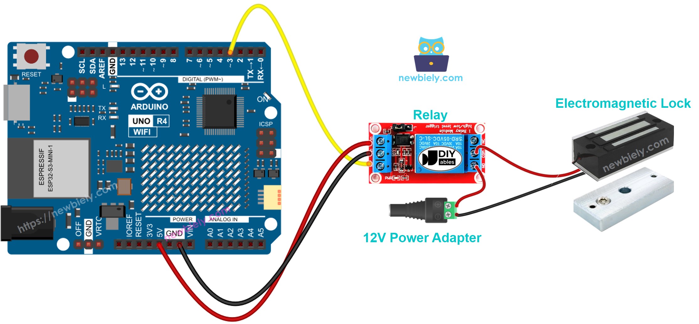 Diagrama de cableado de la cerradura electromagnética para Arduino UNO R4