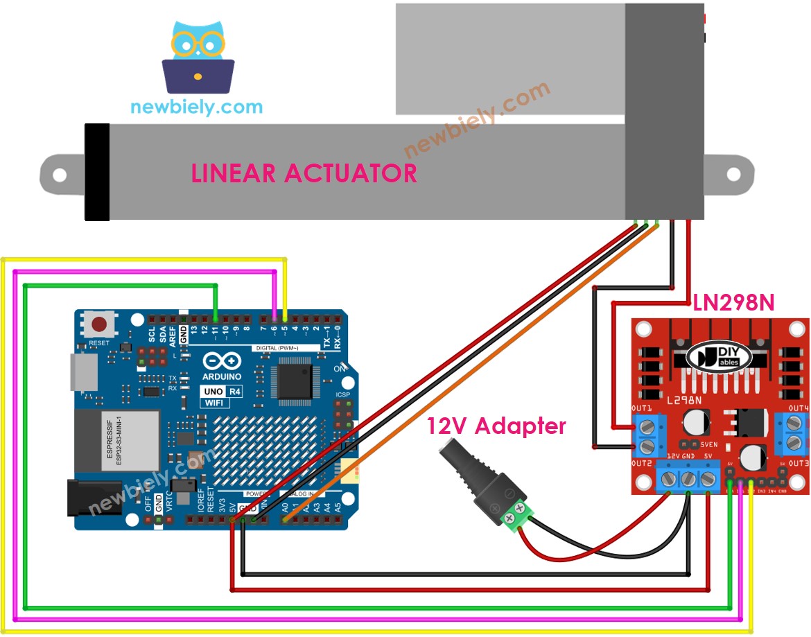 Diagrama de cableado del controlador L298N para Arduino UNO R4 con actuador lineal.