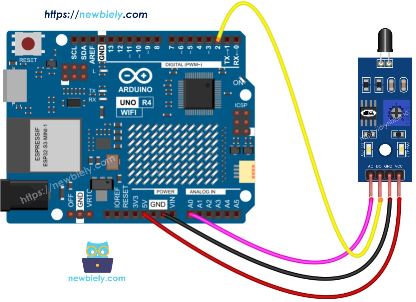 Diagrama de cableado del sensor de llama para Arduino UNO R4