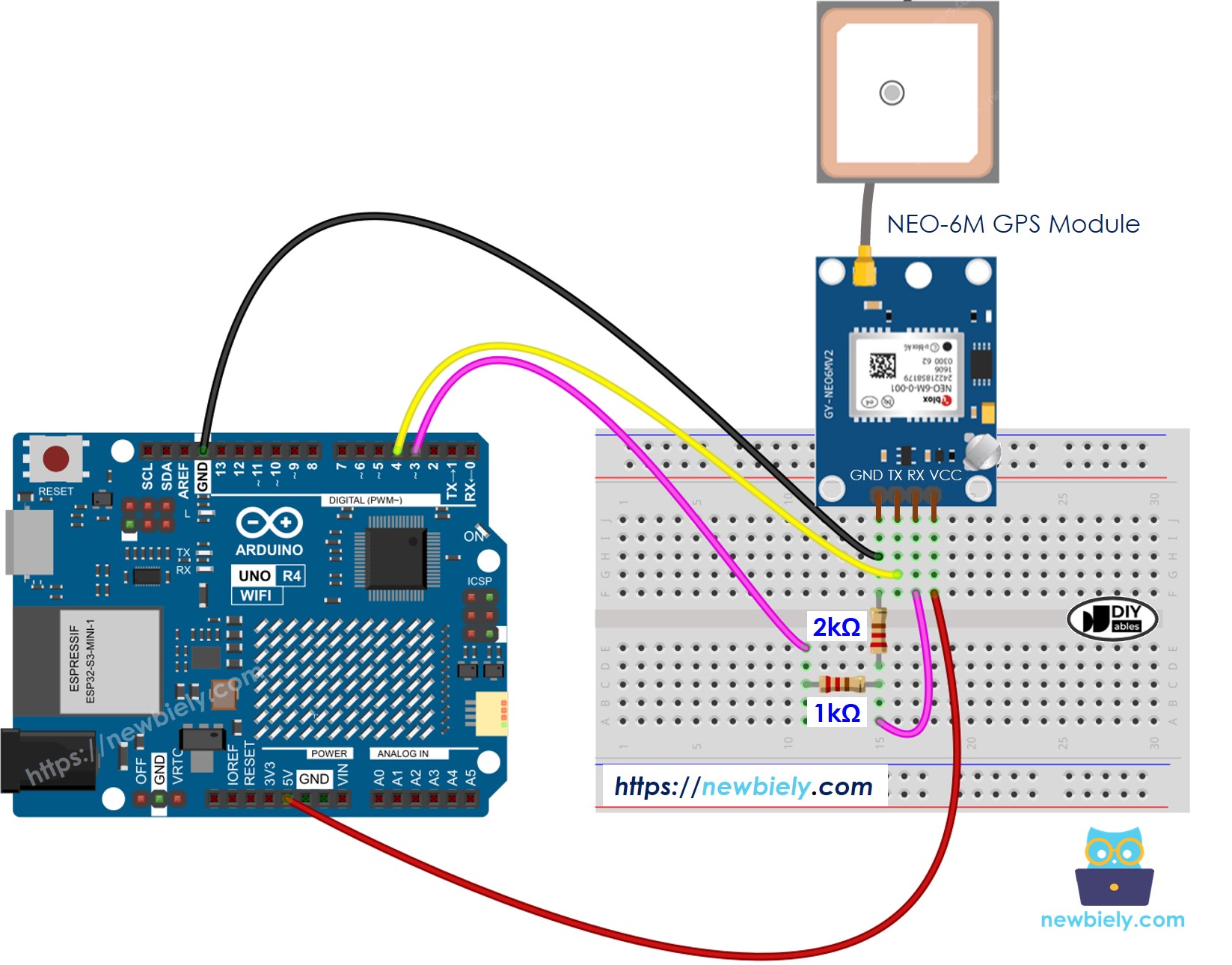 Diagrama de cableado de Arduino UNO R4 GPS