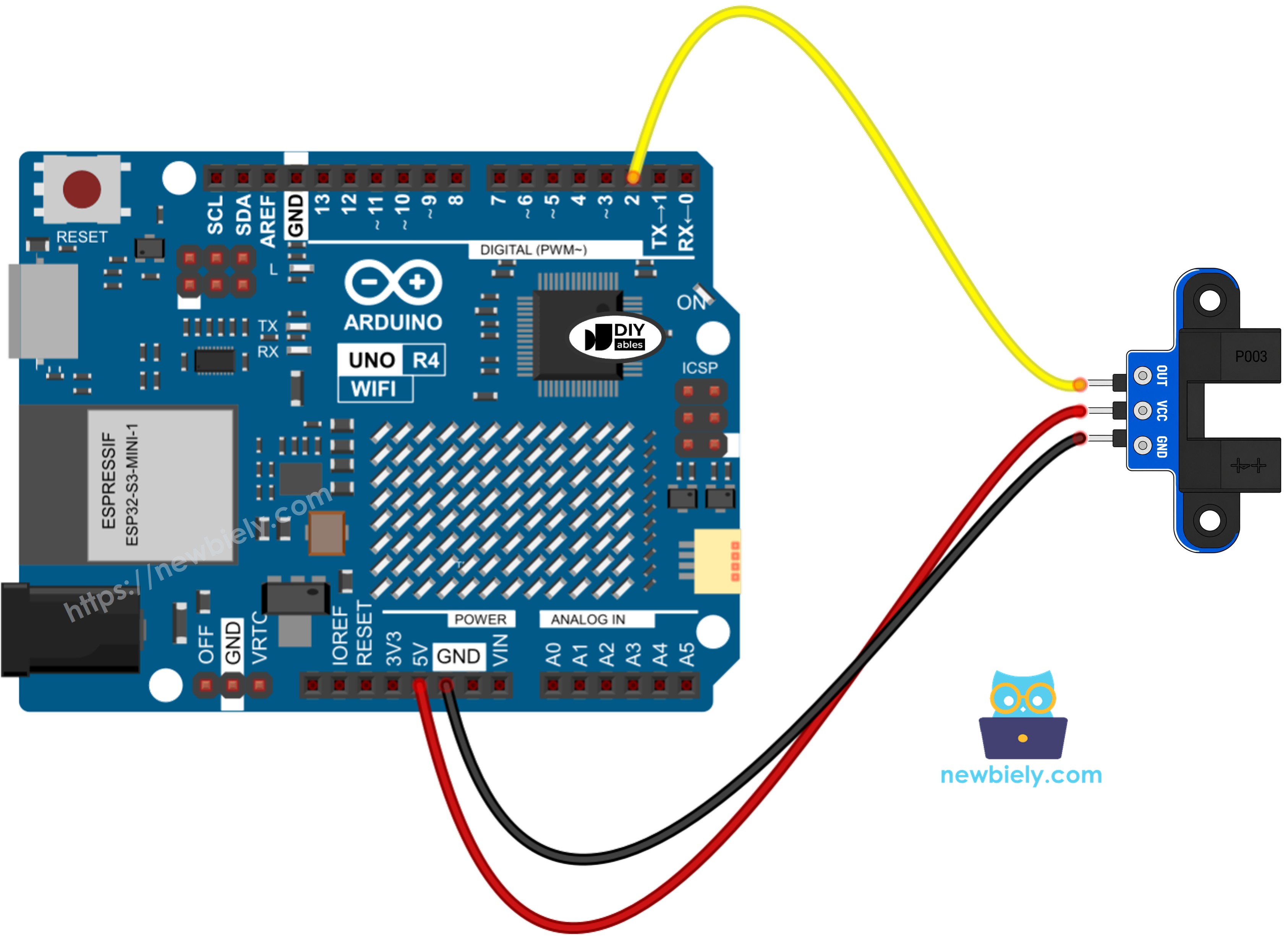Diagrama de cableado del Arduino UNO R4 con sensor de velocidad óptico ranurado IR