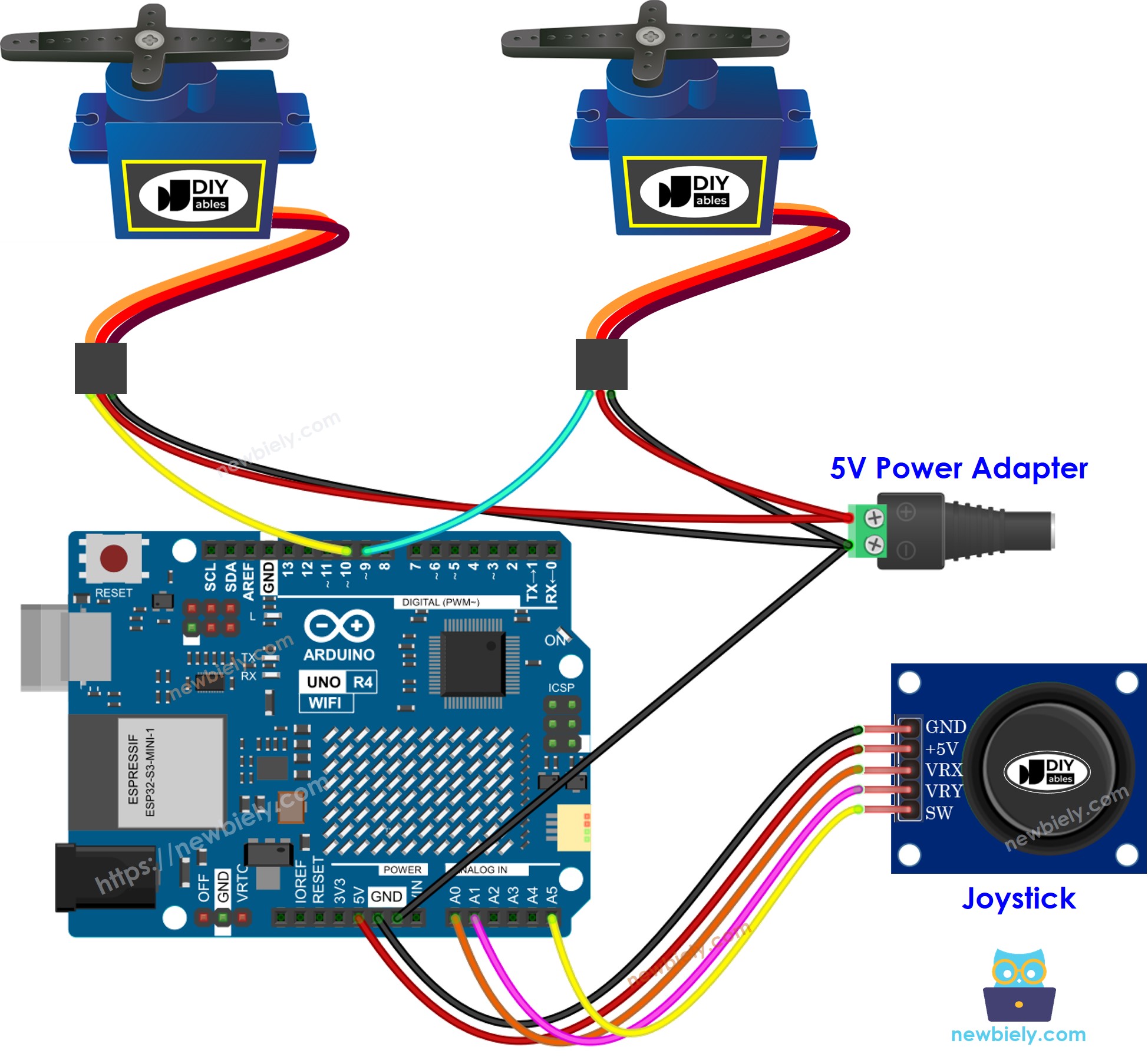 Diagrama de cableado del joystick y del motor servo para Arduino UNO R4