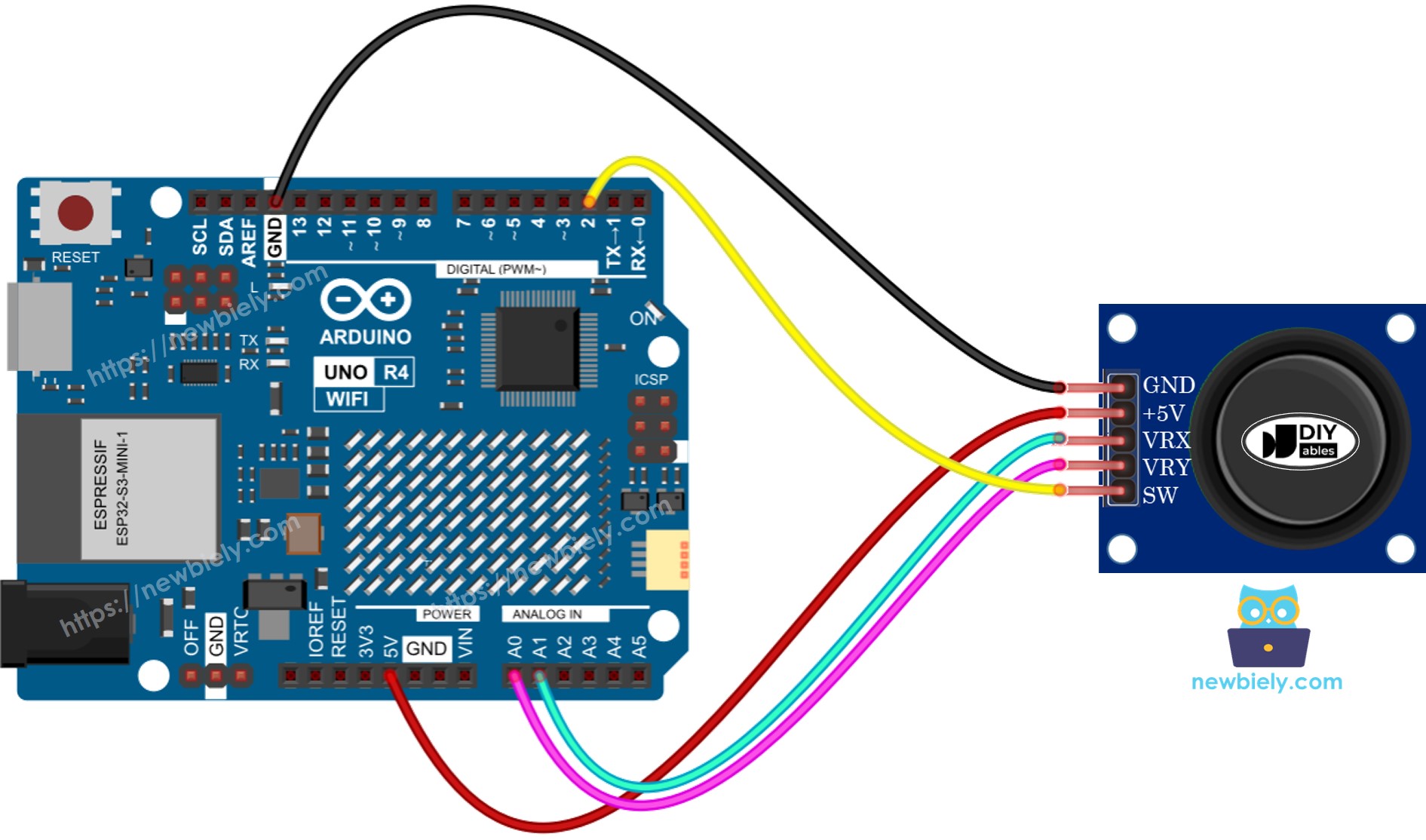 Diagrama de cableado del joystick para Arduino UNO R4
