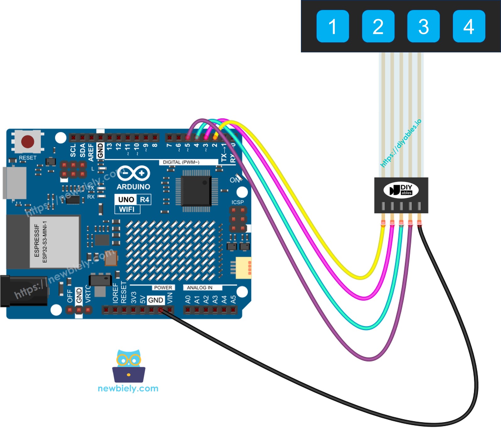 Diagrama de cableado del teclado 1x4 para Arduino UNO R4
