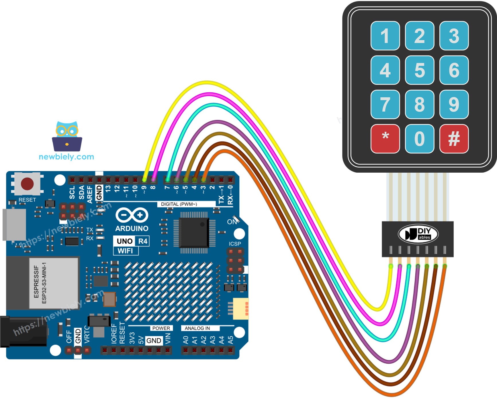 Diagrama de cableado del teclado numérico 3x4 de Arduino UNO R4
