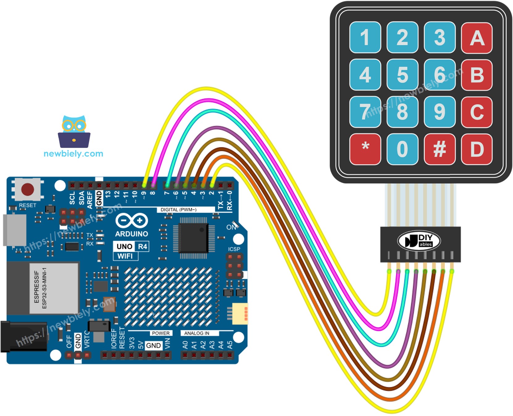 Diagrama de cableado del teclado 4x4 para Arduino UNO R4