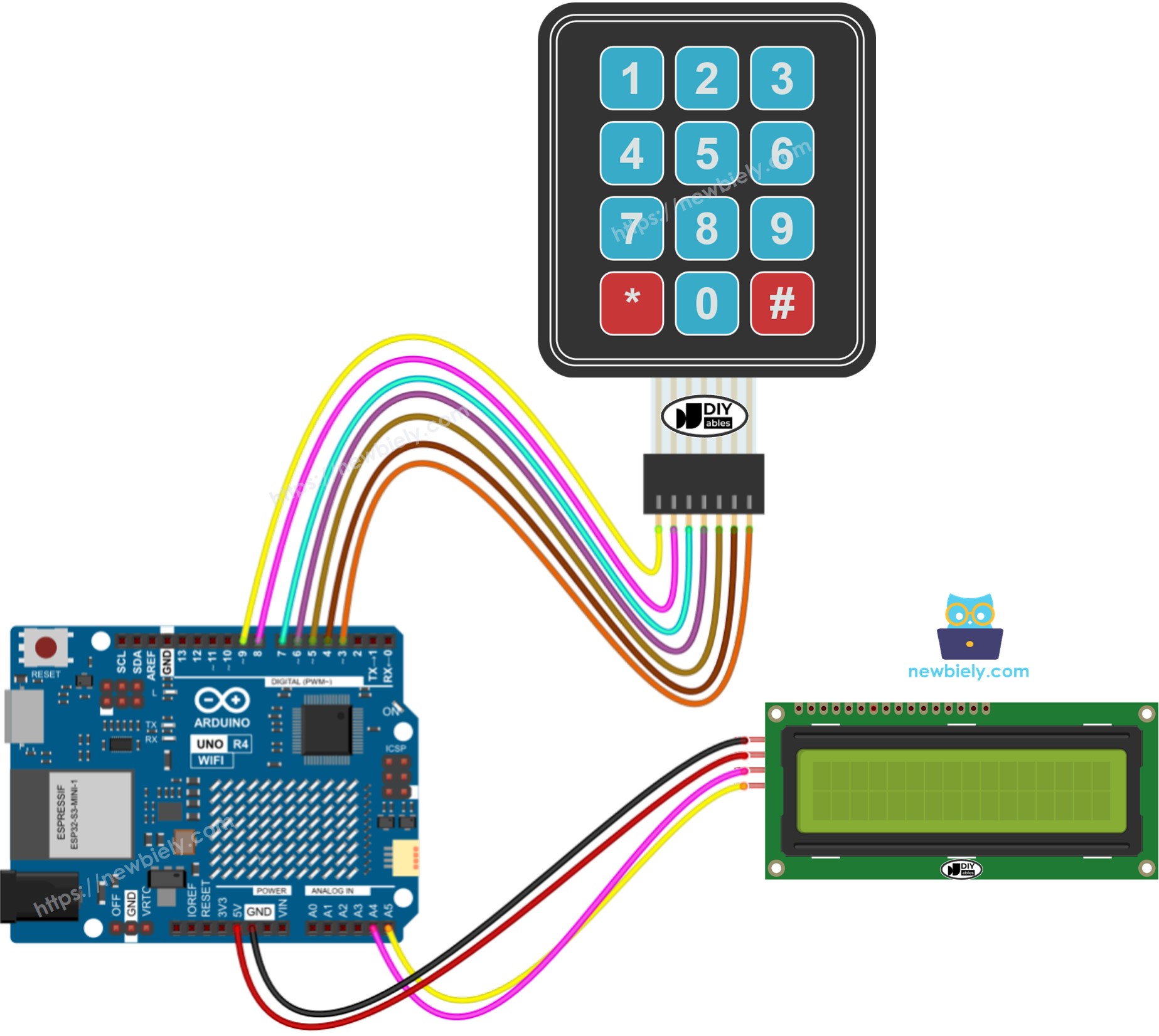Diagrama de cableado de Arduino UNO R4 para teclado LCD