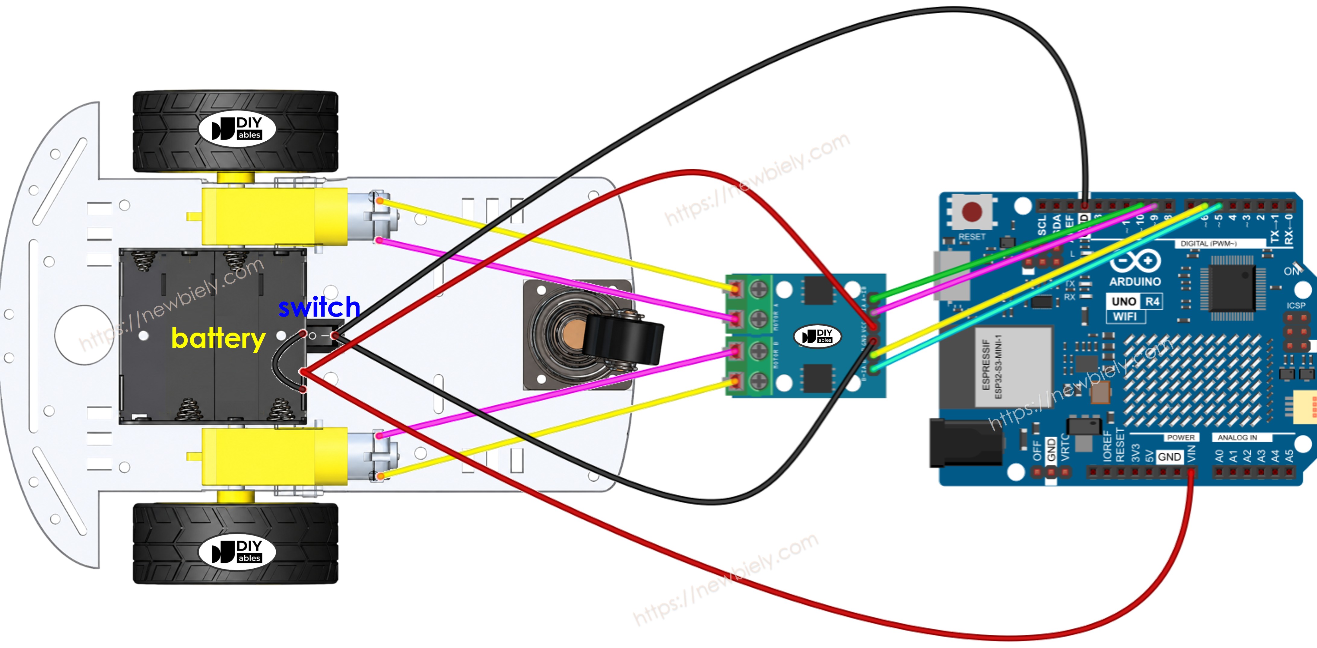 Diagrama de cableado de Arduino UNO R4 para coche RC de dos ruedas motrices