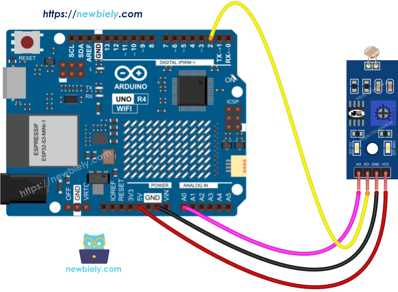 Diagrama de cableado del módulo de sensor de luz LDR para Arduino UNO R4