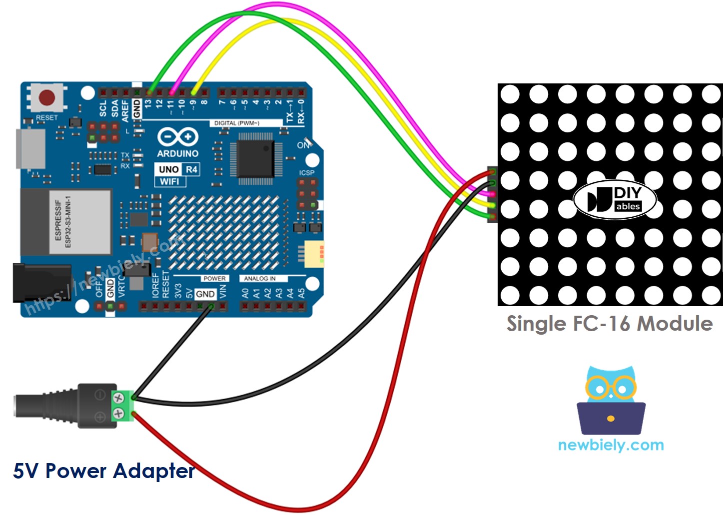 Diagrama de cableado de la matriz LED 8x8 FC-16 para Arduino UNO R4