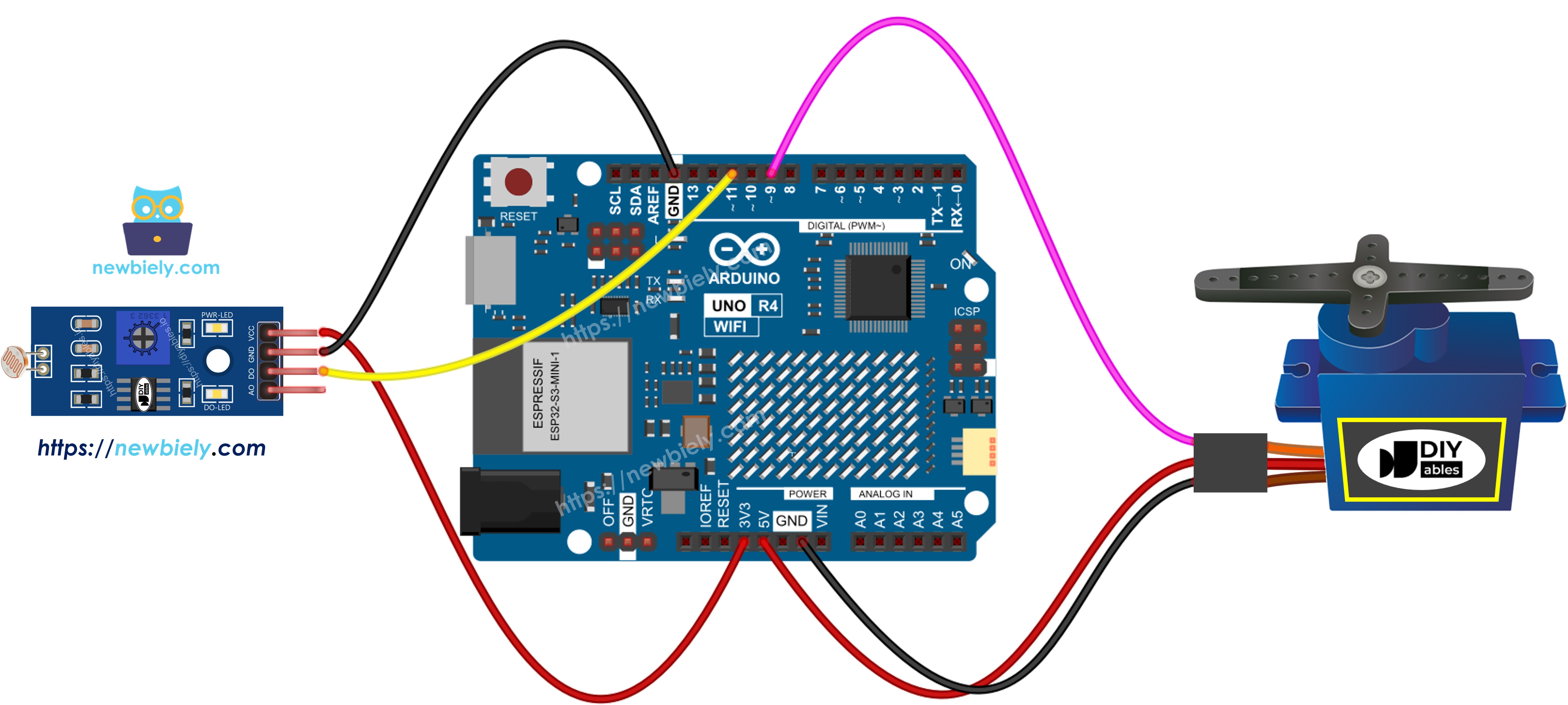 Diagrama de cableado de Arduino UNO R4 para el módulo de sensor de luz y el motor servo