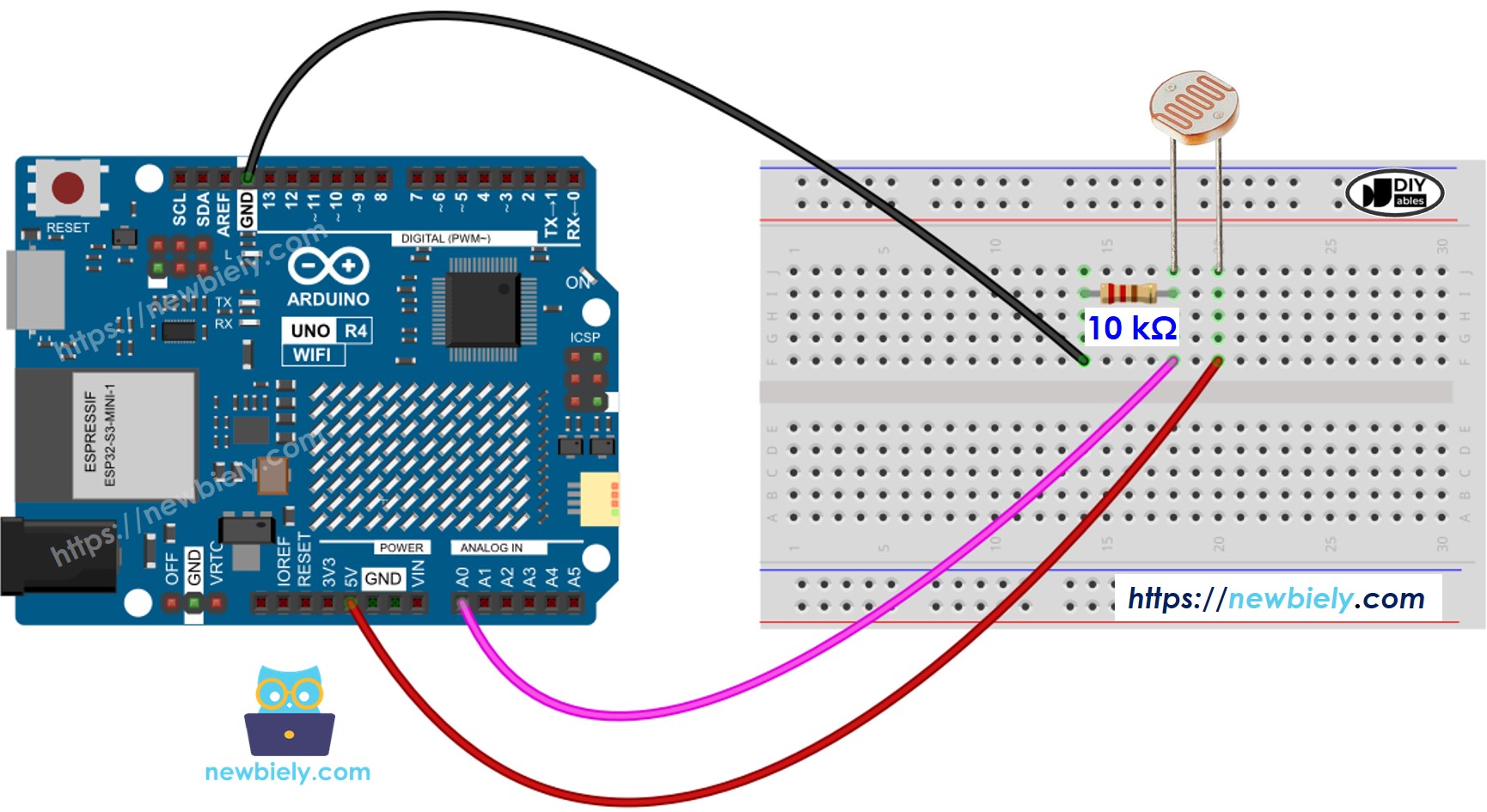 Diagrama de cableado del sensor de luz de Arduino UNO R4