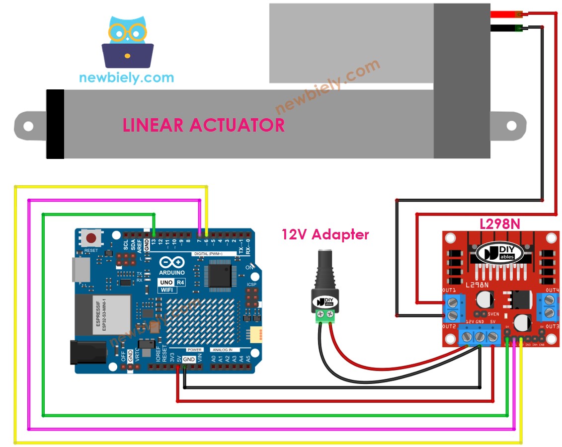 Diagrama de cableado de Arduino UNO R4 para actuador lineal y controlador L298N