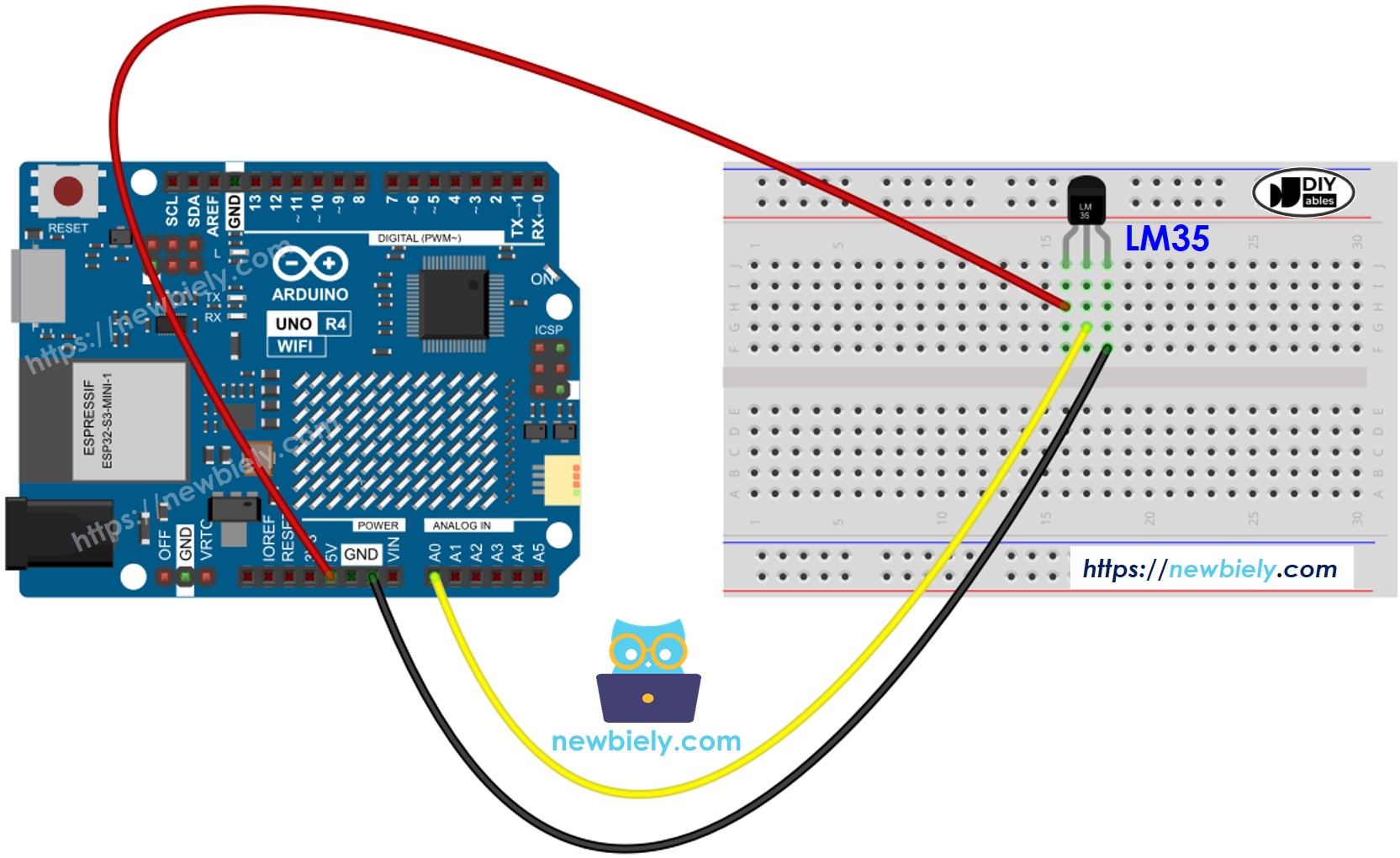 Diagrama de cableado del Arduino UNO R4 para el sensor de temperatura LM35