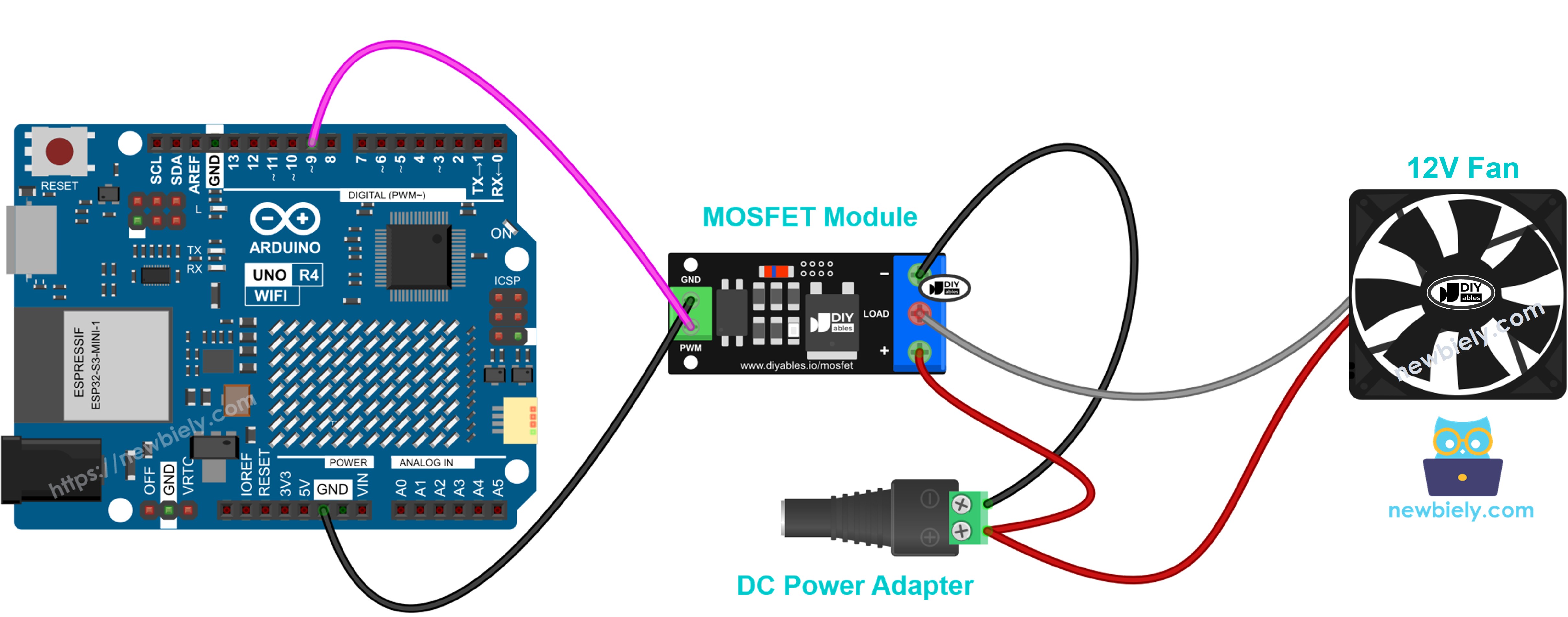 Cableado del Arduino UNO R4 y módulo MOSFET con un ventilador de refrigeración de 12V