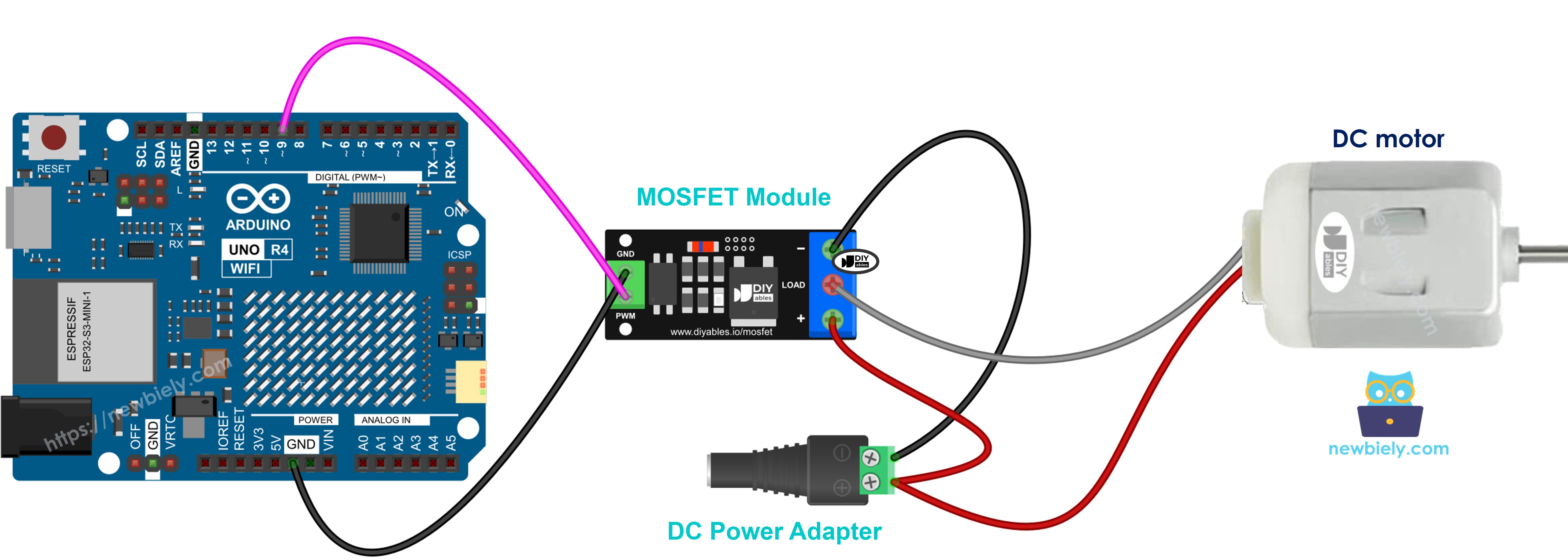 Cableado del motor de CC de 12V y el módulo MOSFET