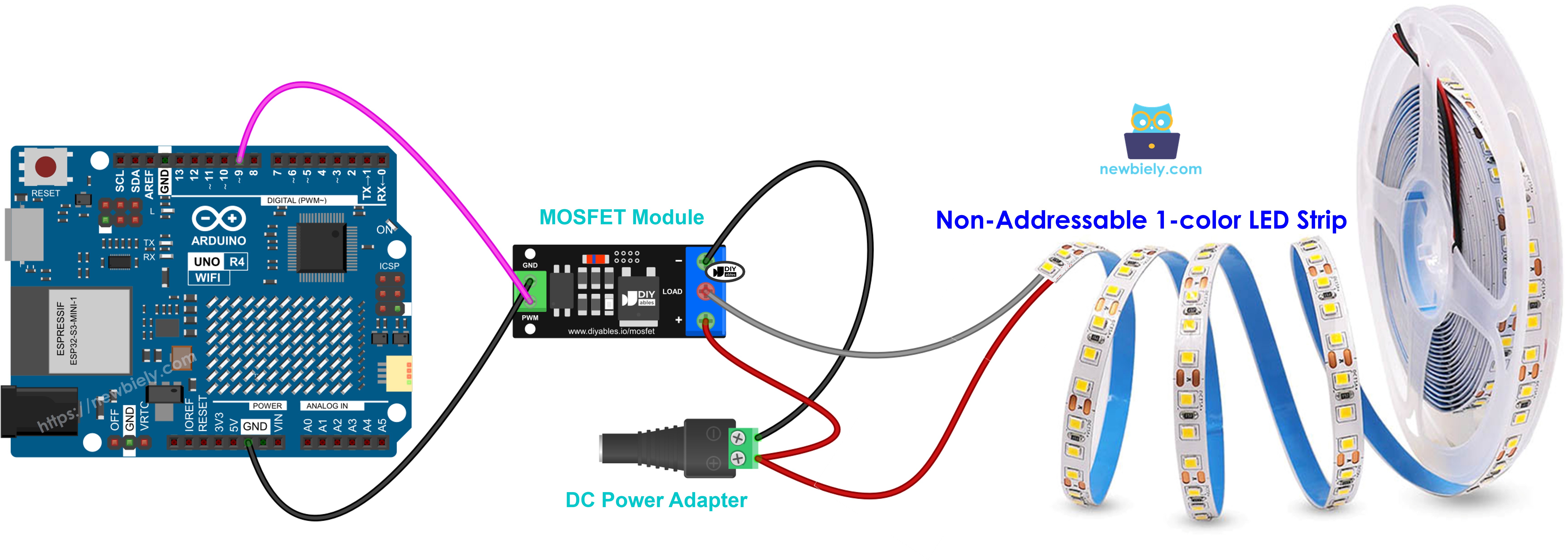 Tira LED de un solo color de 12V conectada al módulo MOSFET