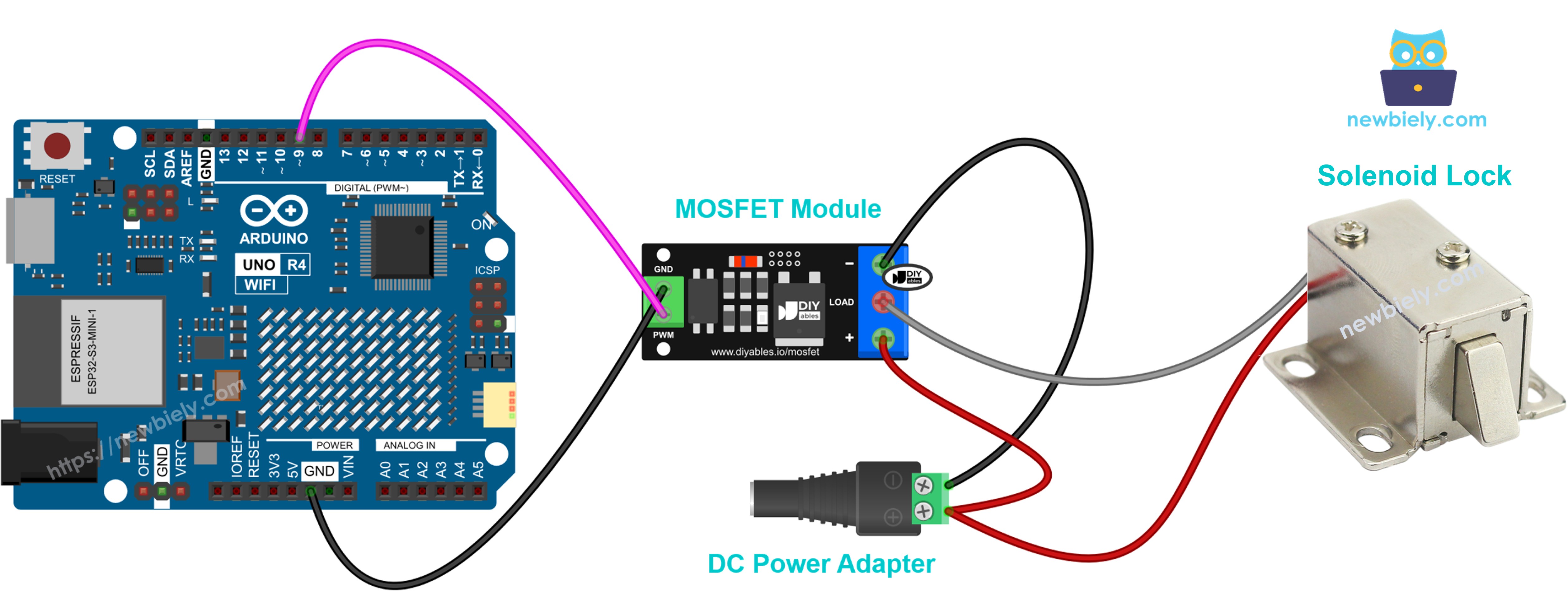 Cerradura de solenoide de 12V conectada al módulo MOSFET
