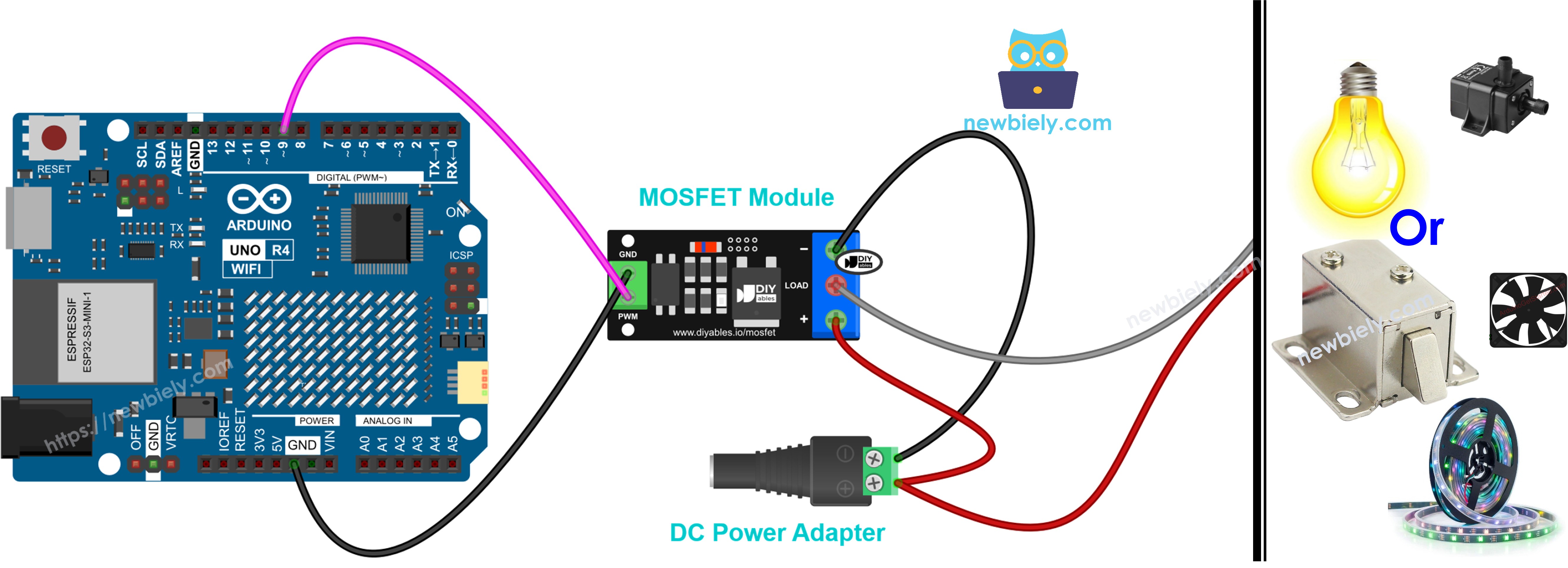 Diagrama de cableado del Arduino UNO R4 con módulo MOSFET AOD4184, LR7843 o FR120N