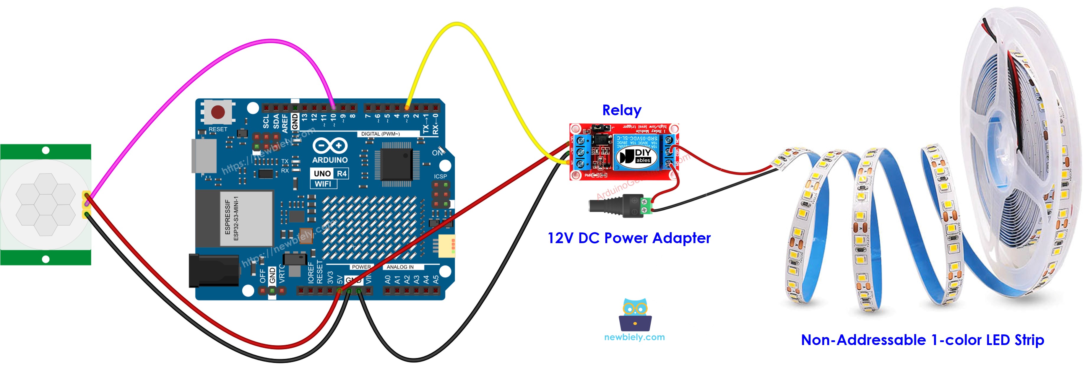 Diagrama de cableado de Arduino UNO R4, sensor de movimiento y tira de LEDs.