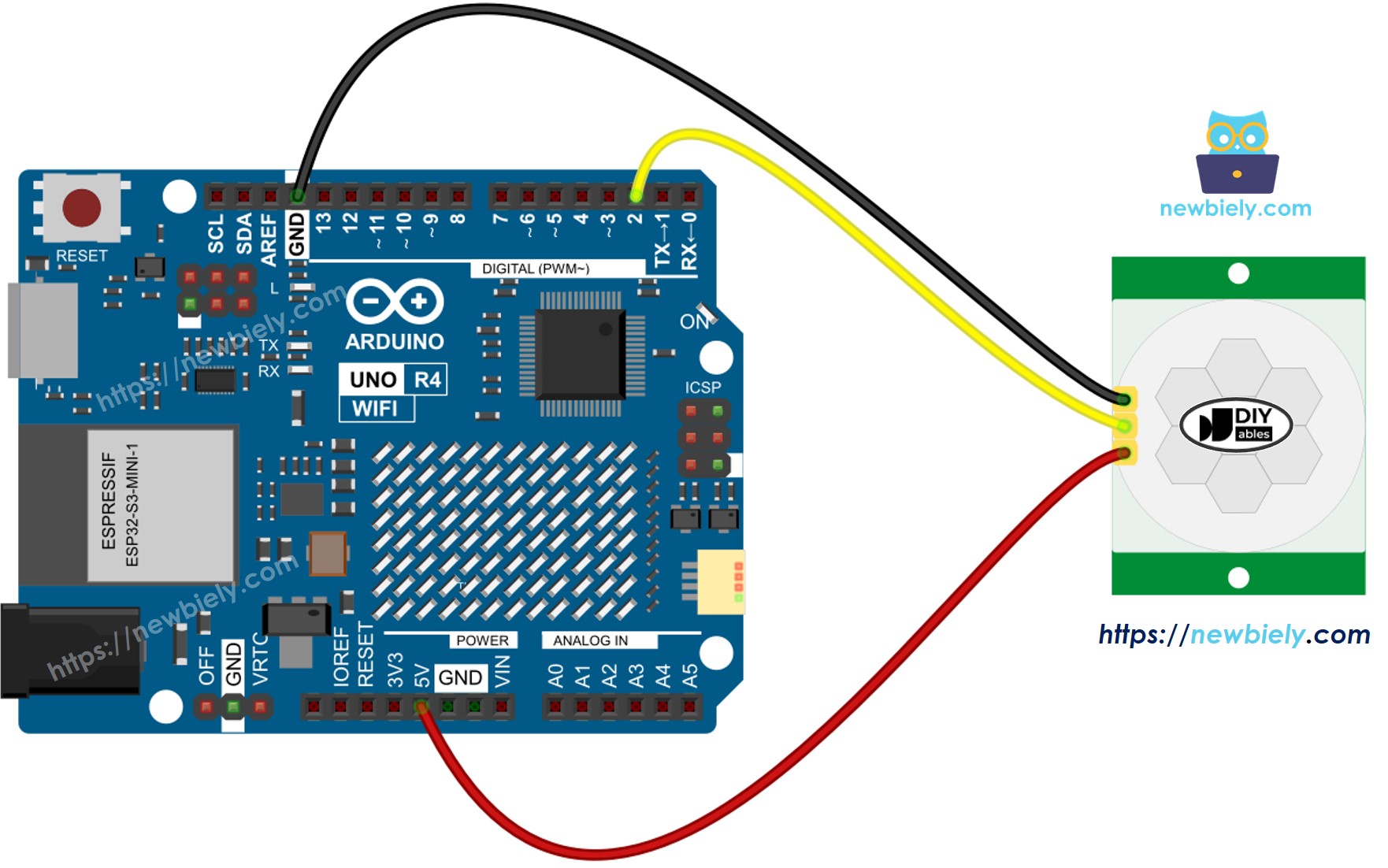 Diagrama de cableado del sensor de movimiento para Arduino UNO R4