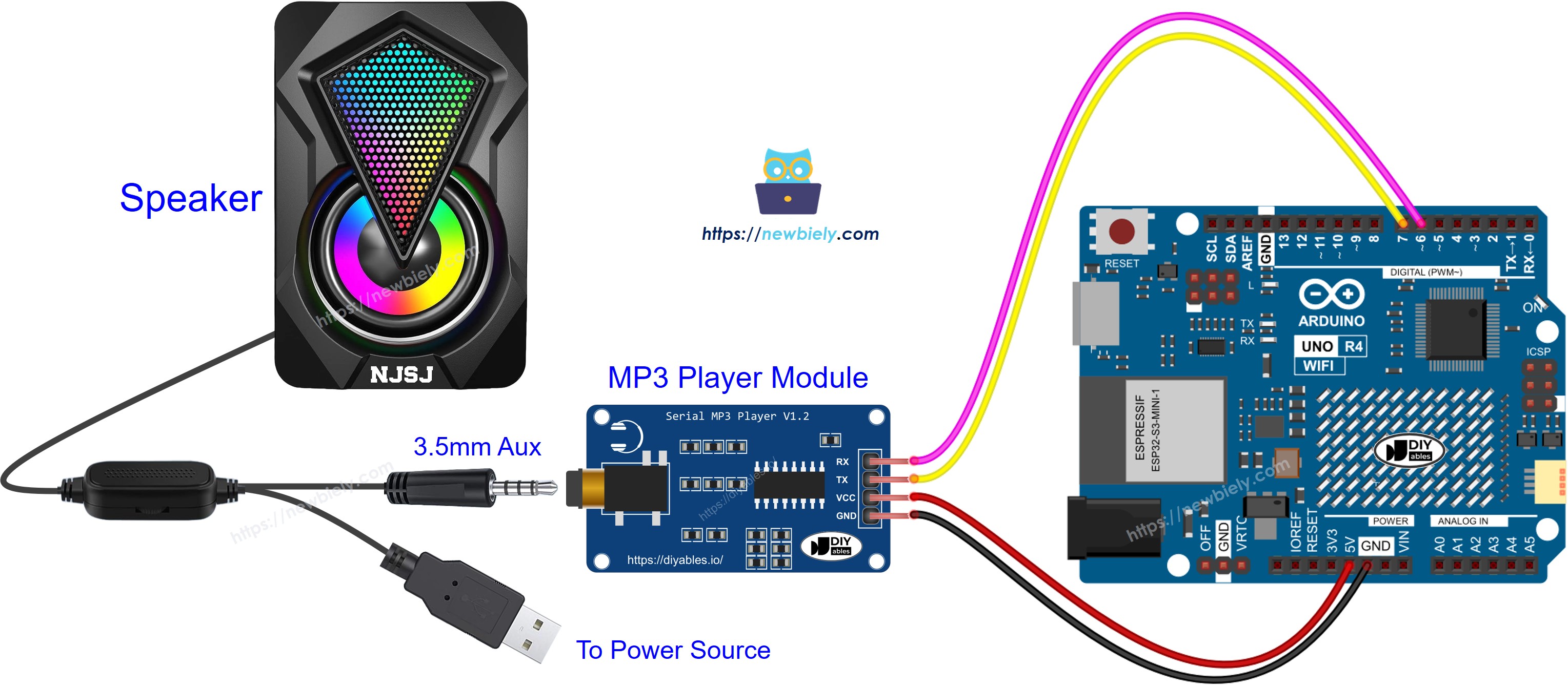 Diagrama de cableado del módulo reproductor MP3 para Arduino UNO R4