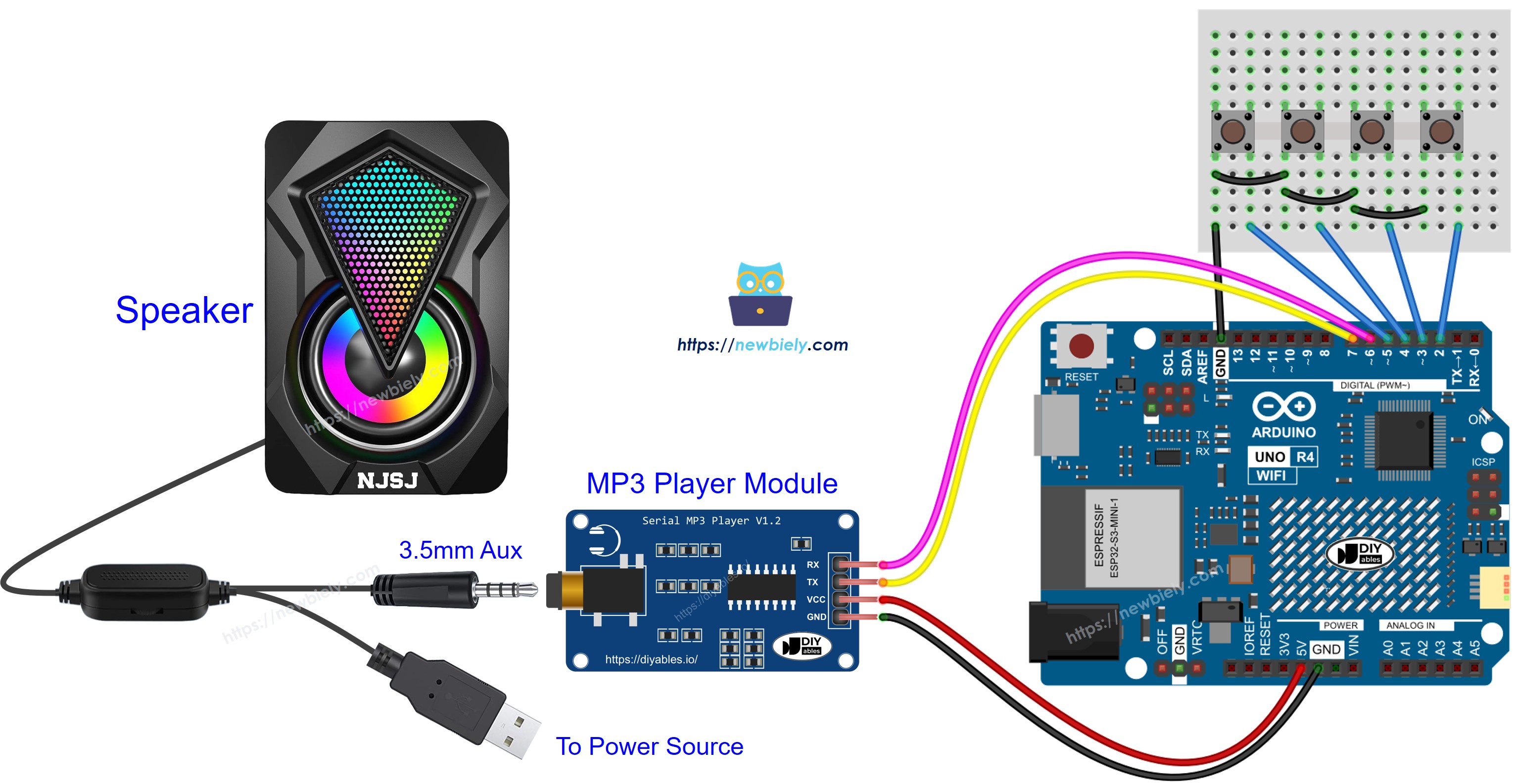 Diagrama de cableado del altavoz del reproductor MP3 para Arduino UNO R4