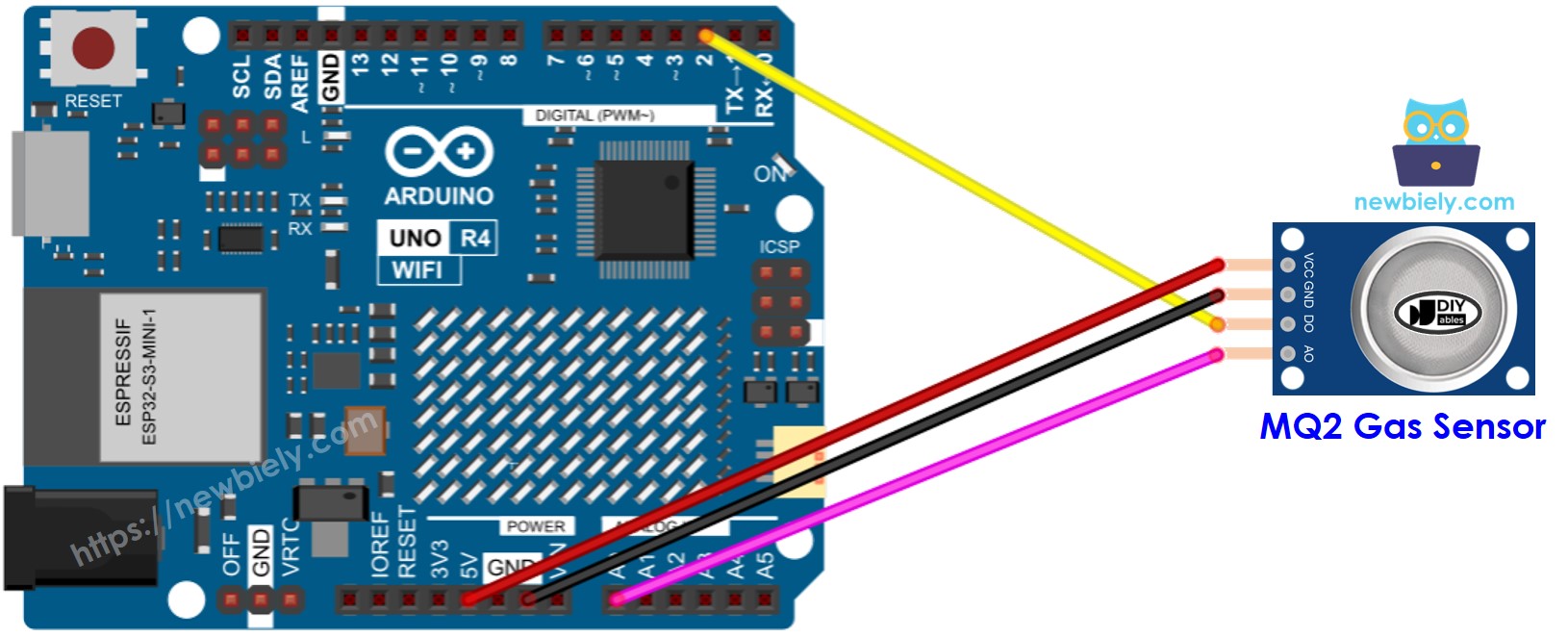 Diagrama de cableado del sensor de gas MQ2 para Arduino UNO R4