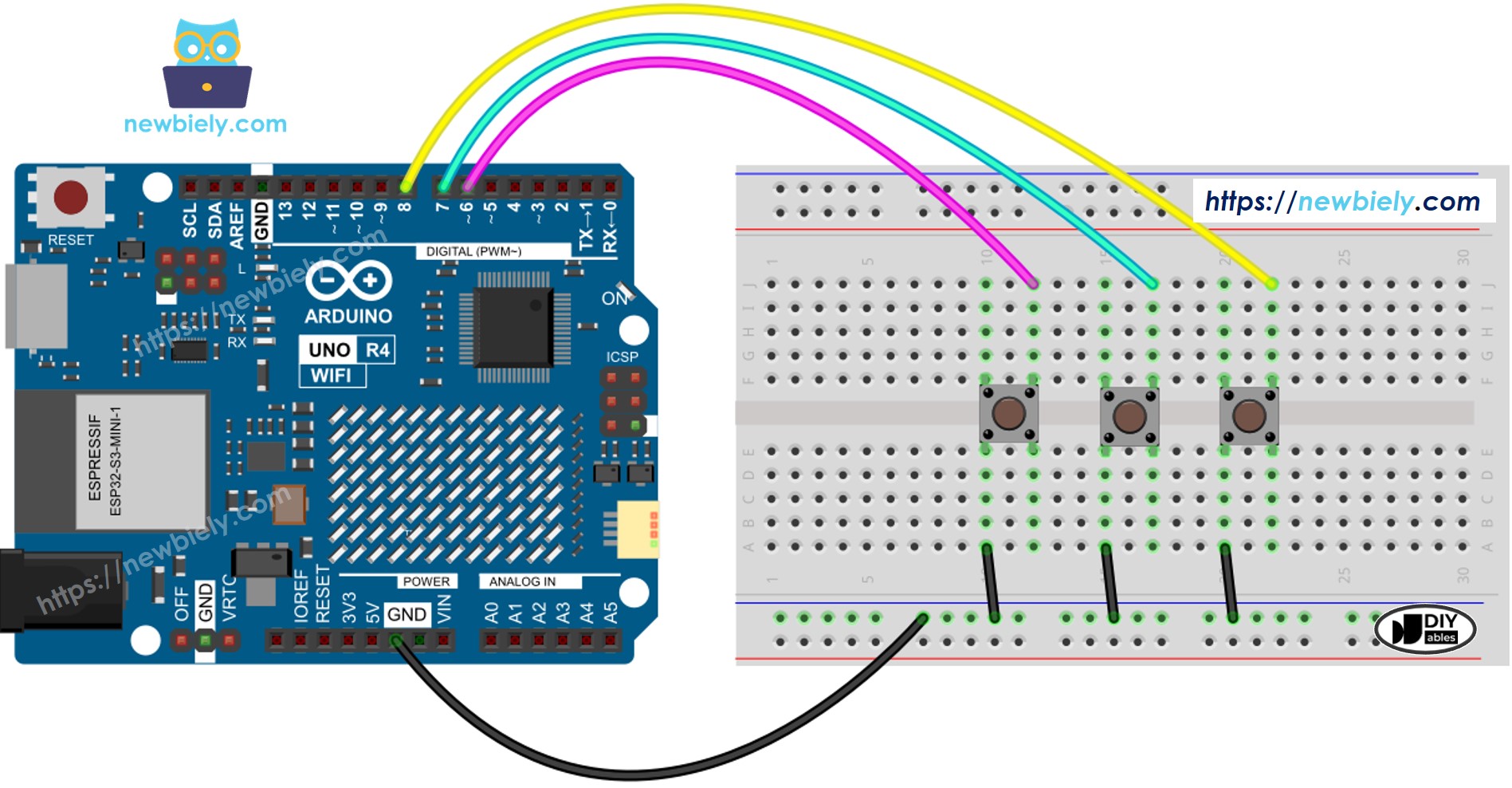 Diagrama de cableado de la biblioteca de botones de Arduino UNO R4