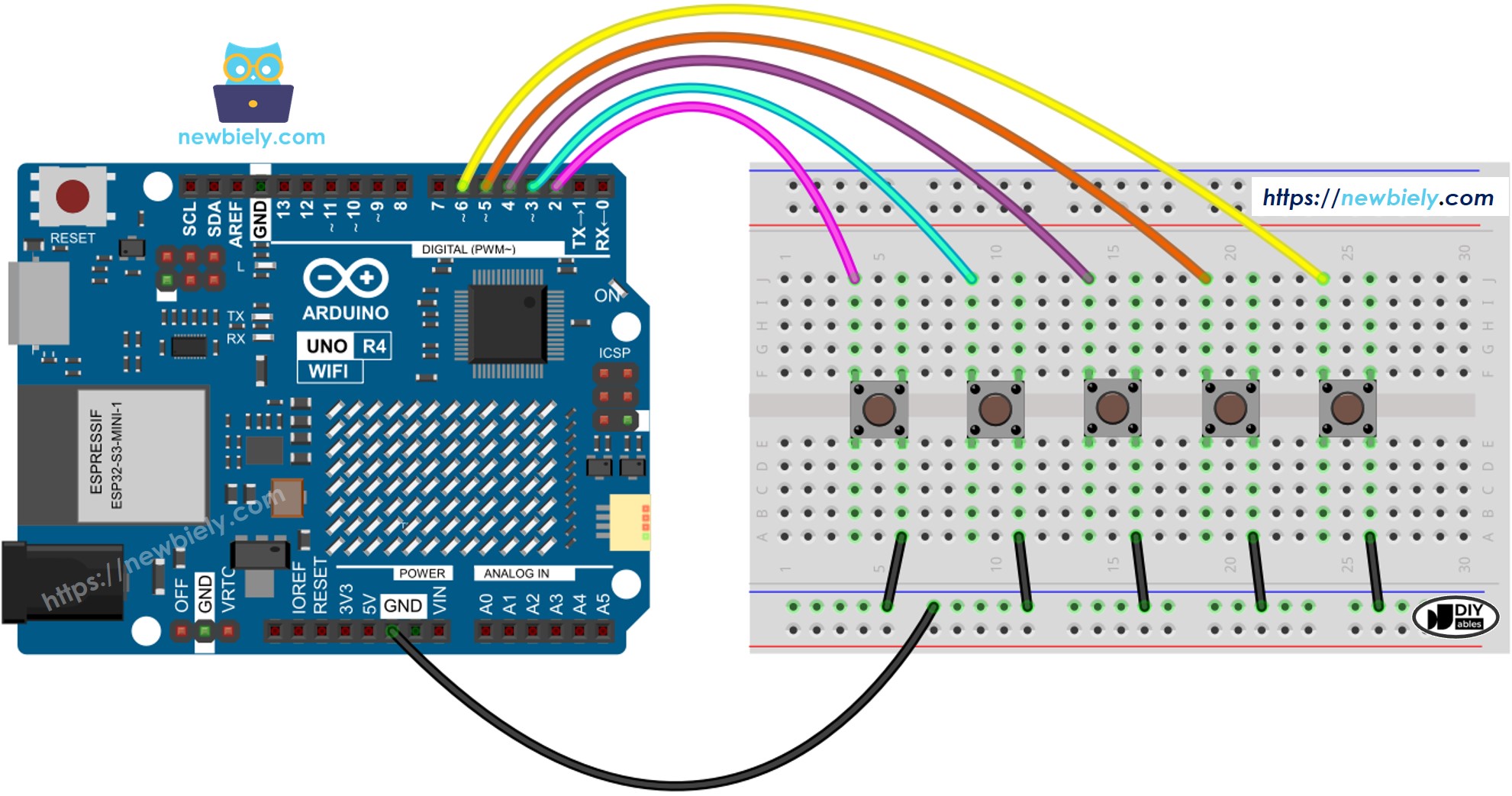 Diagrama de cableado de Arduino UNO R4 con múltiples botones
