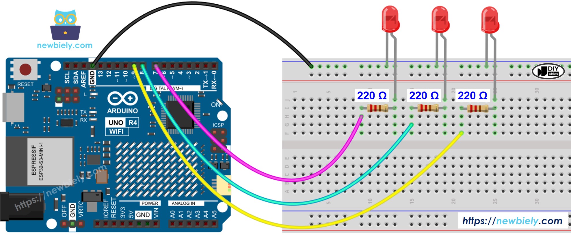 Diagrama de cableado de múltiples LEDs para Arduino UNO R4