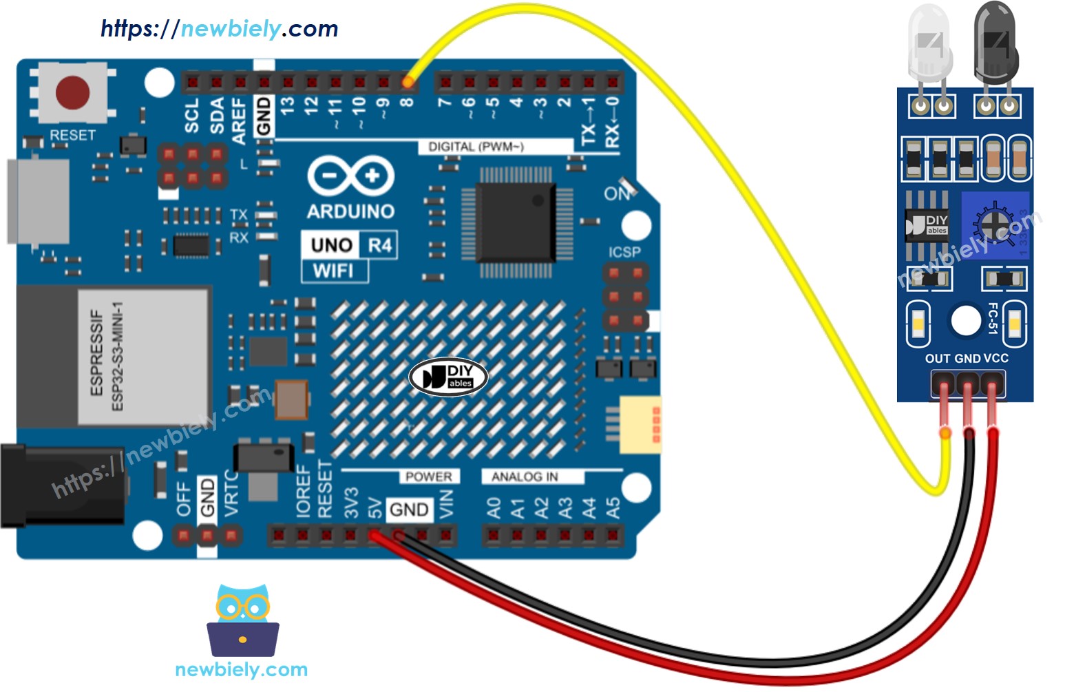 Diagrama de cableado del sensor de evitación de obstáculos IR para Arduino UNO R4.