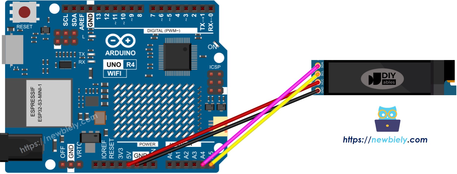 Diagrama de cableado de Arduino UNO R4 OLED 128x32