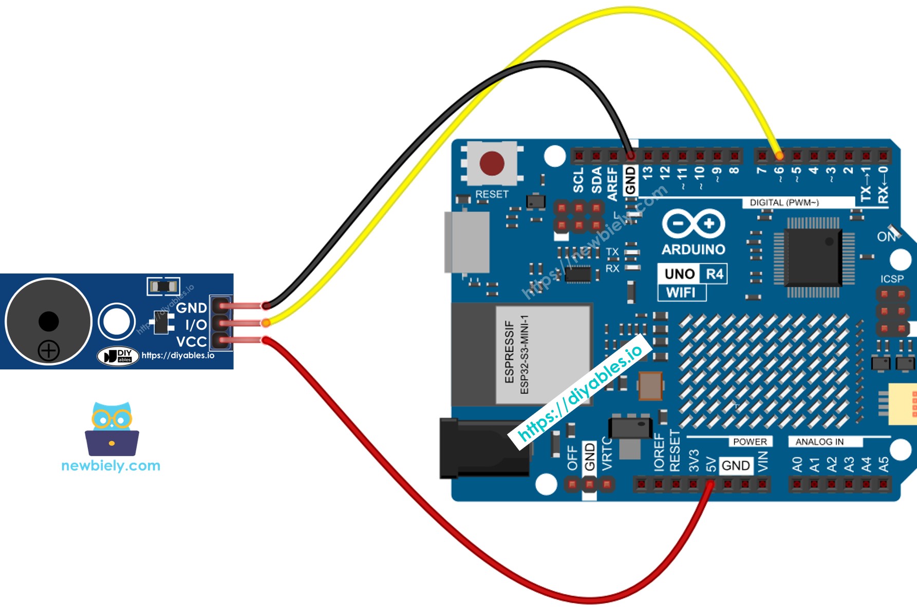 Diagrama de cableado del módulo zumbador para Arduino UNO R4