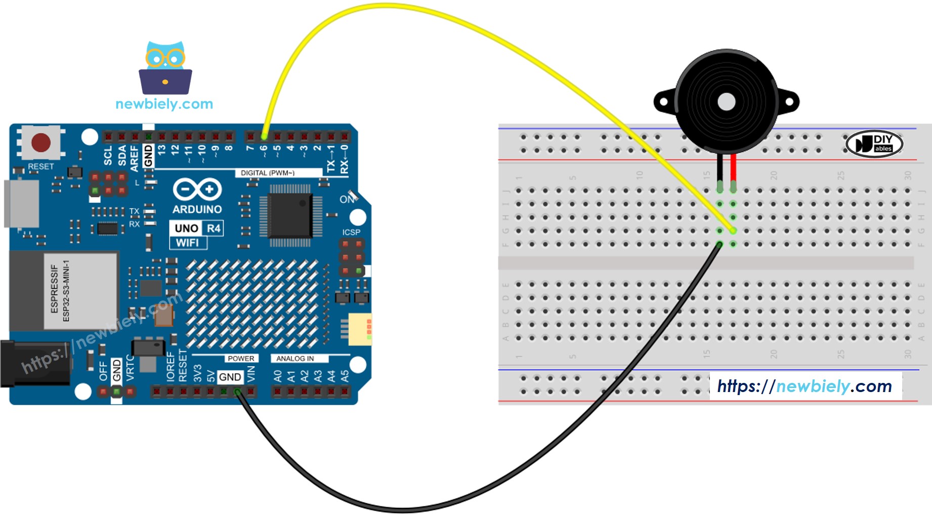 Diagrama de cableado del zumbador del Arduino UNO R4