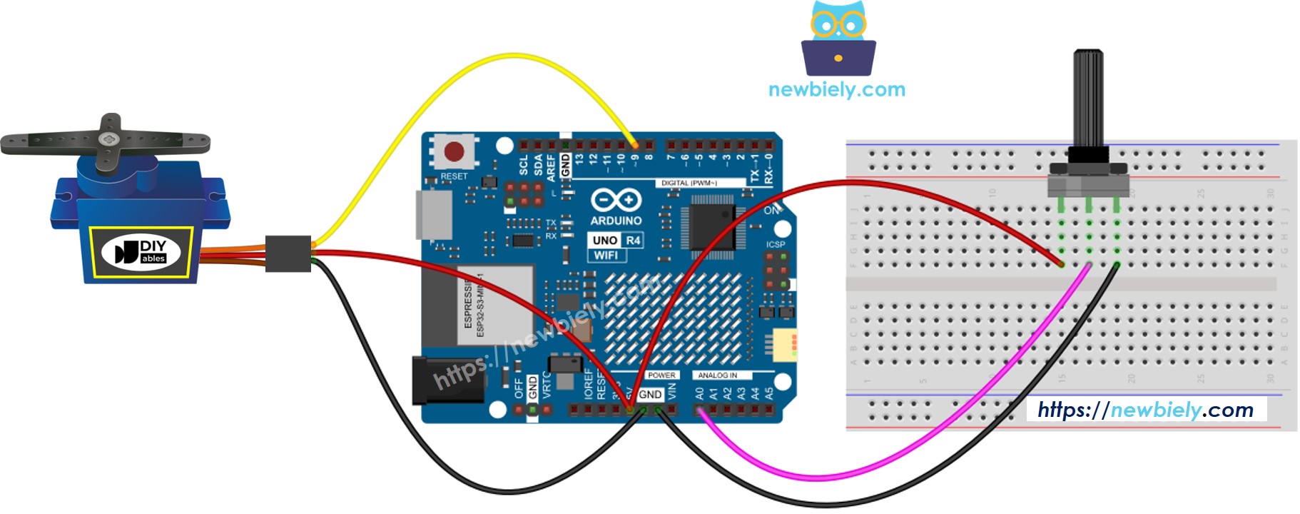 Diagrama de cableado del potenciómetro del servomotor Arduino UNO R4