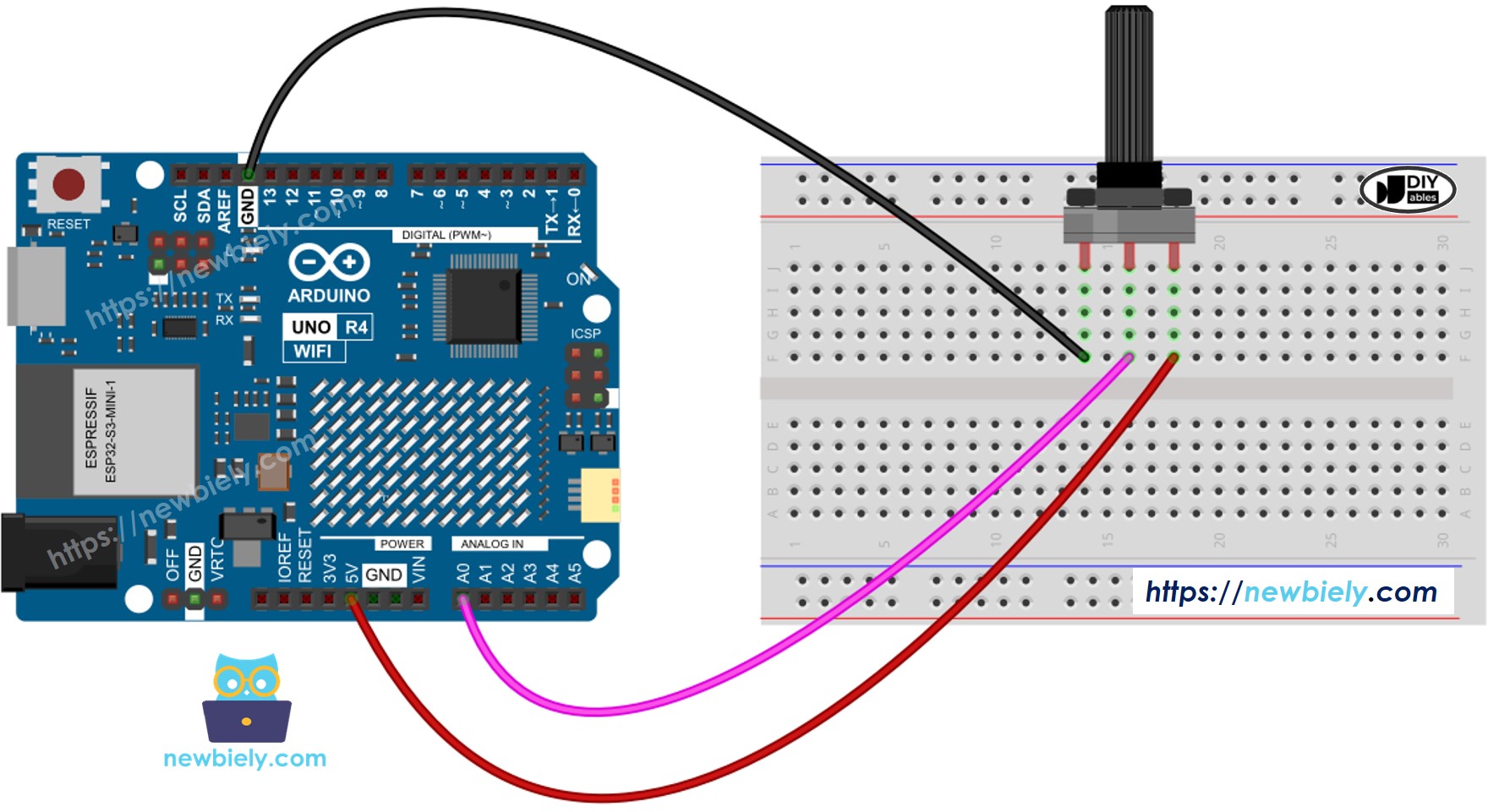 Diagrama de cableado del potenciómetro para Arduino UNO R4
