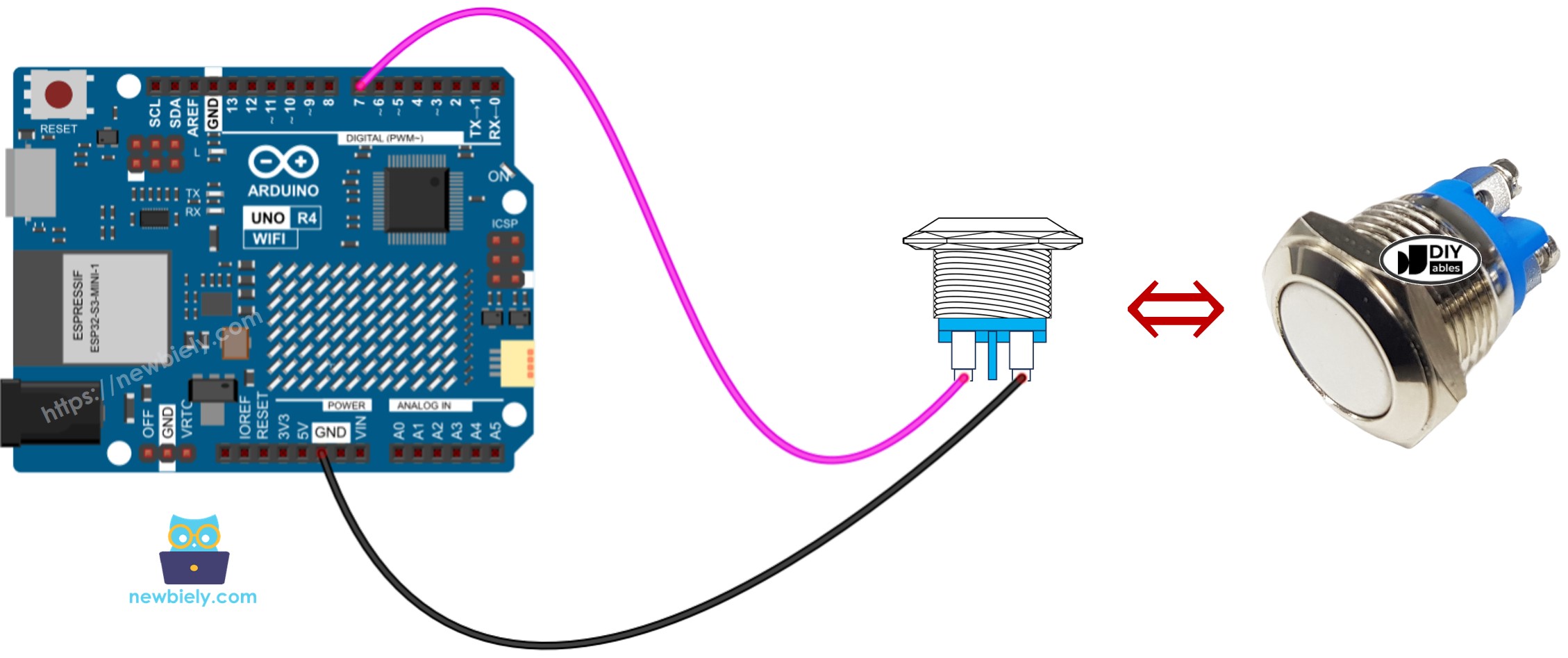 Diagrama de cableado de un pulsador de dos pines para Arduino UNO R4