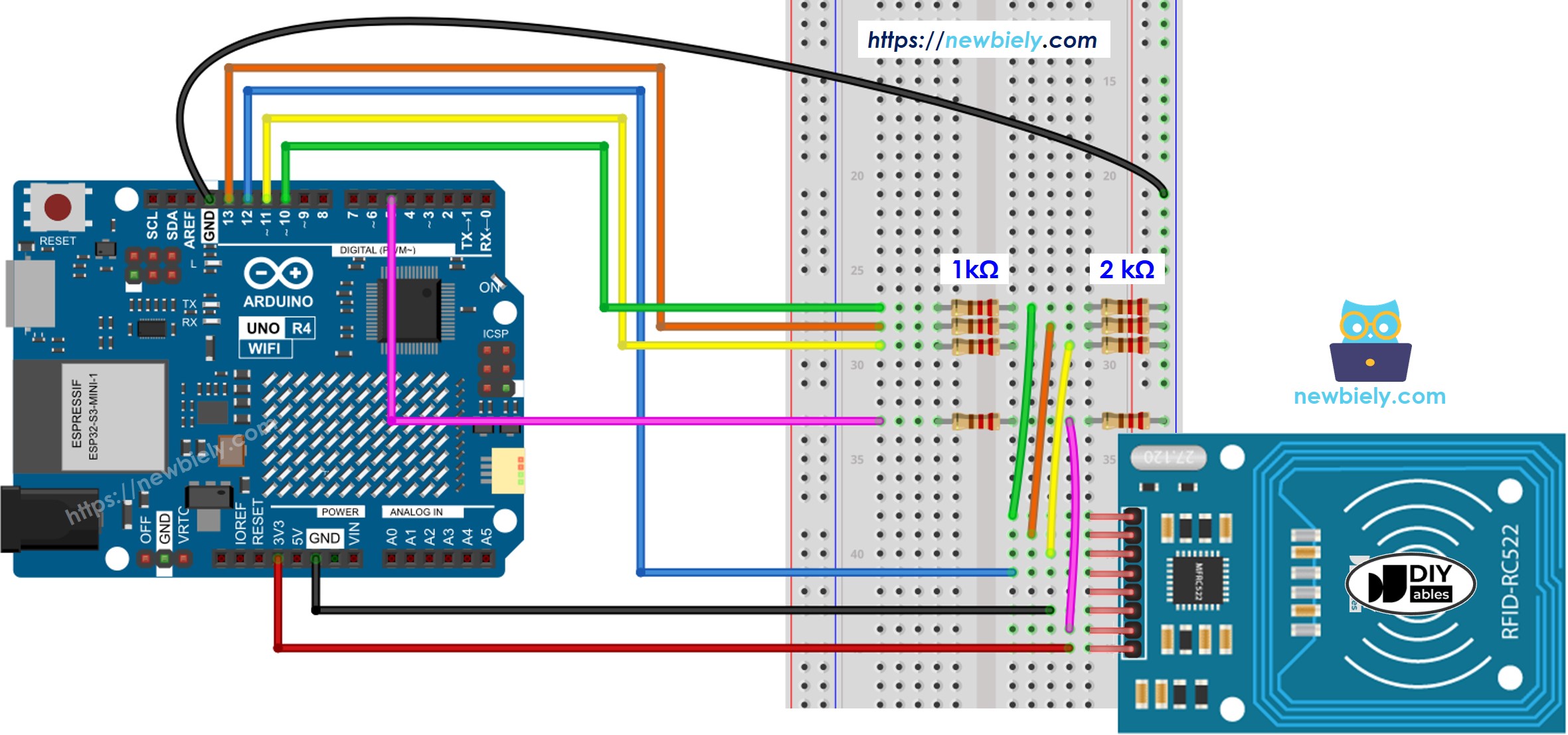 Arduino UNO R4 RFID RC522 con diagrama de cableado con regulación de voltaje