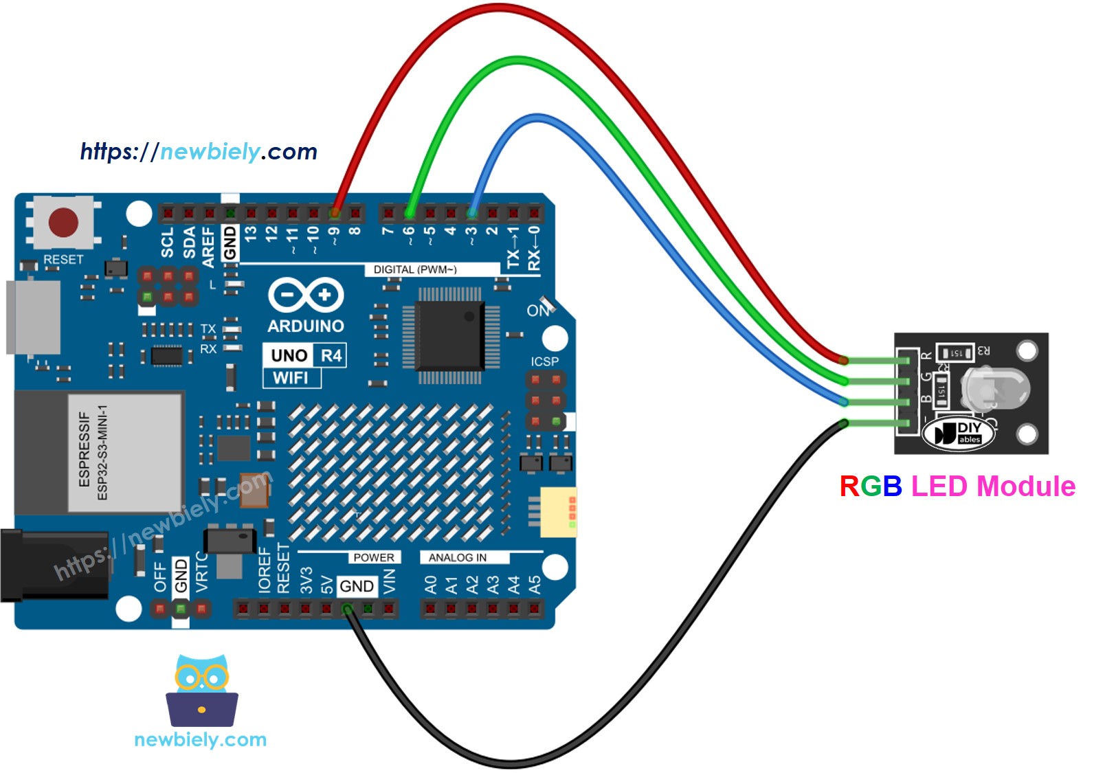 Diagrama de cableado del módulo LED RGB Arduino UNO R4
