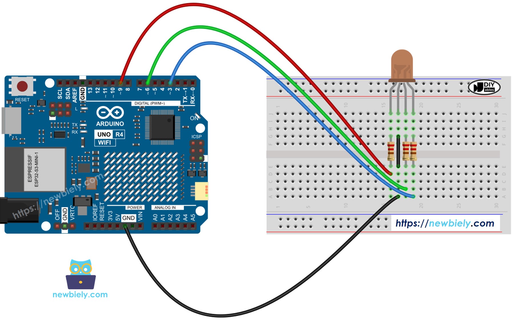 Diagrama de cableado del LED RGB Arduino UNO R4