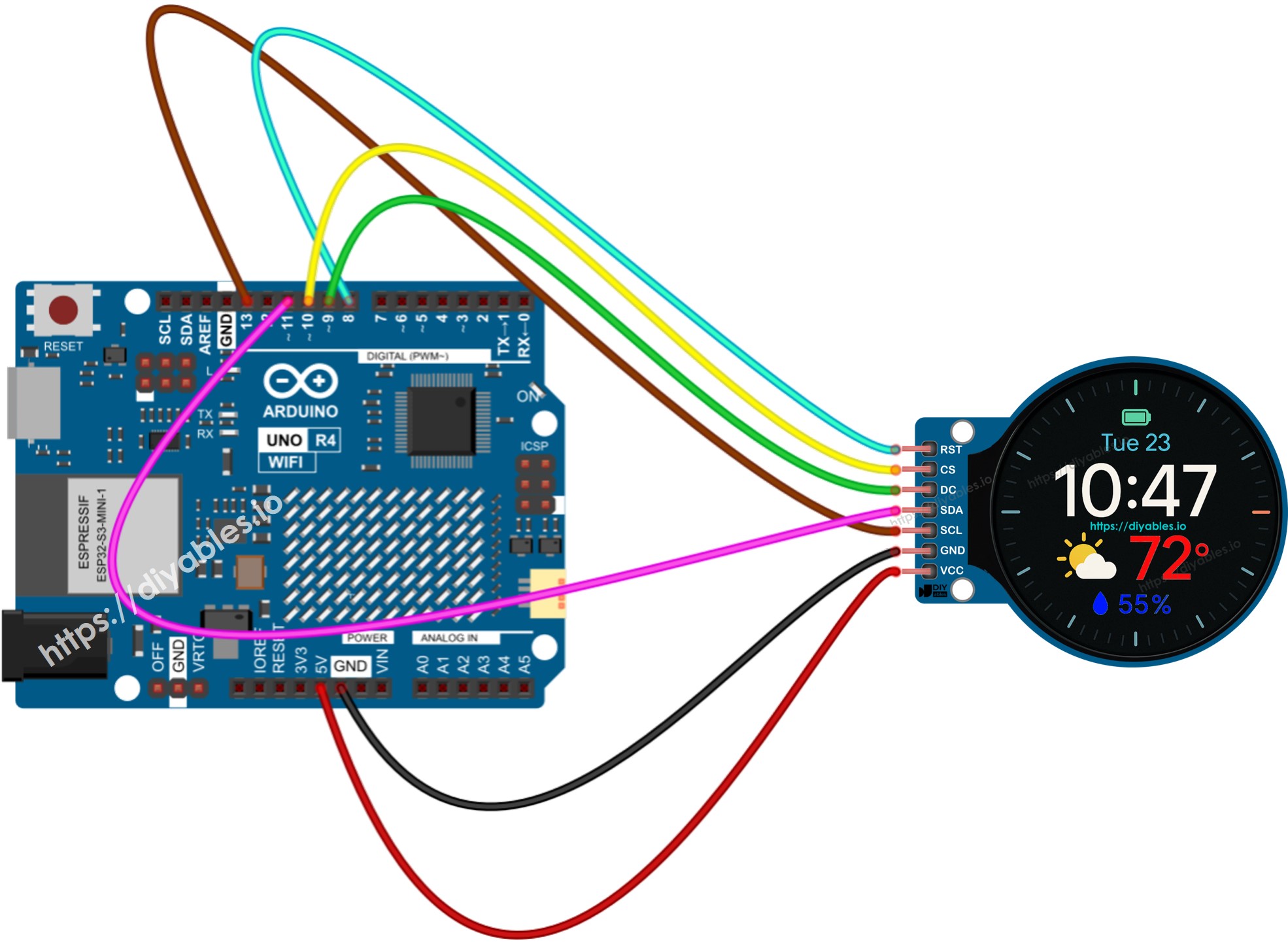 Diagrama de cableado de la pantalla LCD TFT circular de 1,28 pulgadas para Arduino UNO R4