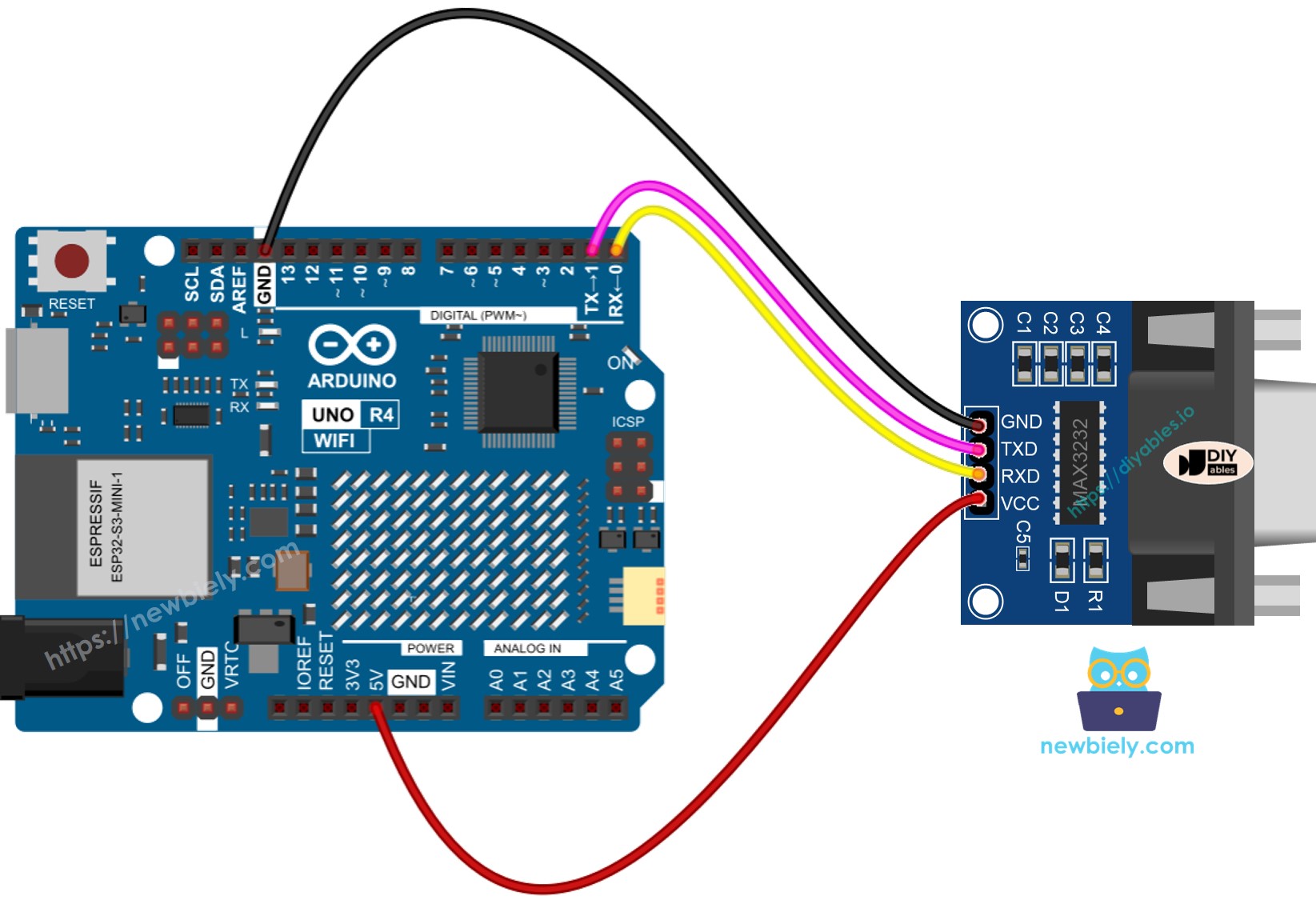 Diagrama de cableado TTL a RS-232 para Arduino UNO R4