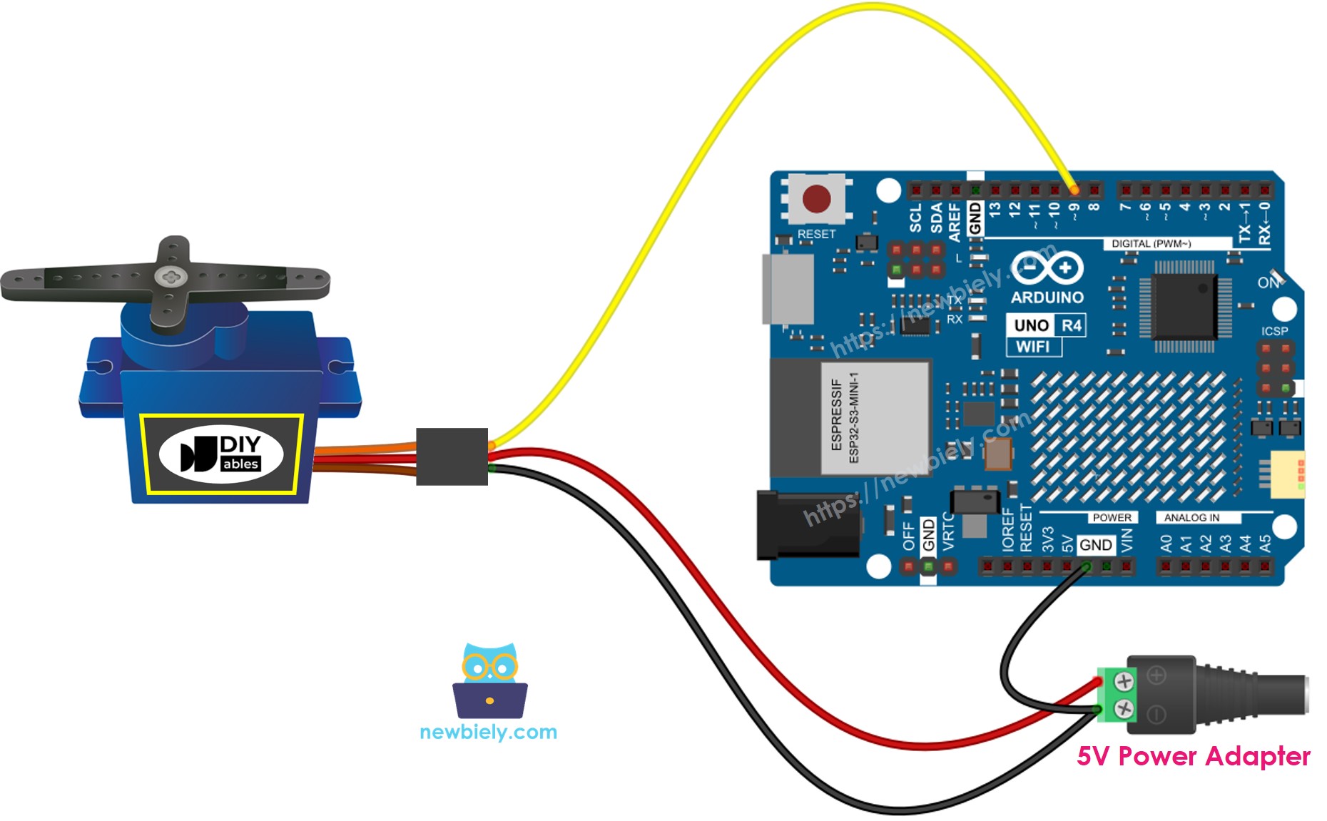 Diagrama de cableado de la fuente de alimentación externa para el servomotor del Arduino UNO R4